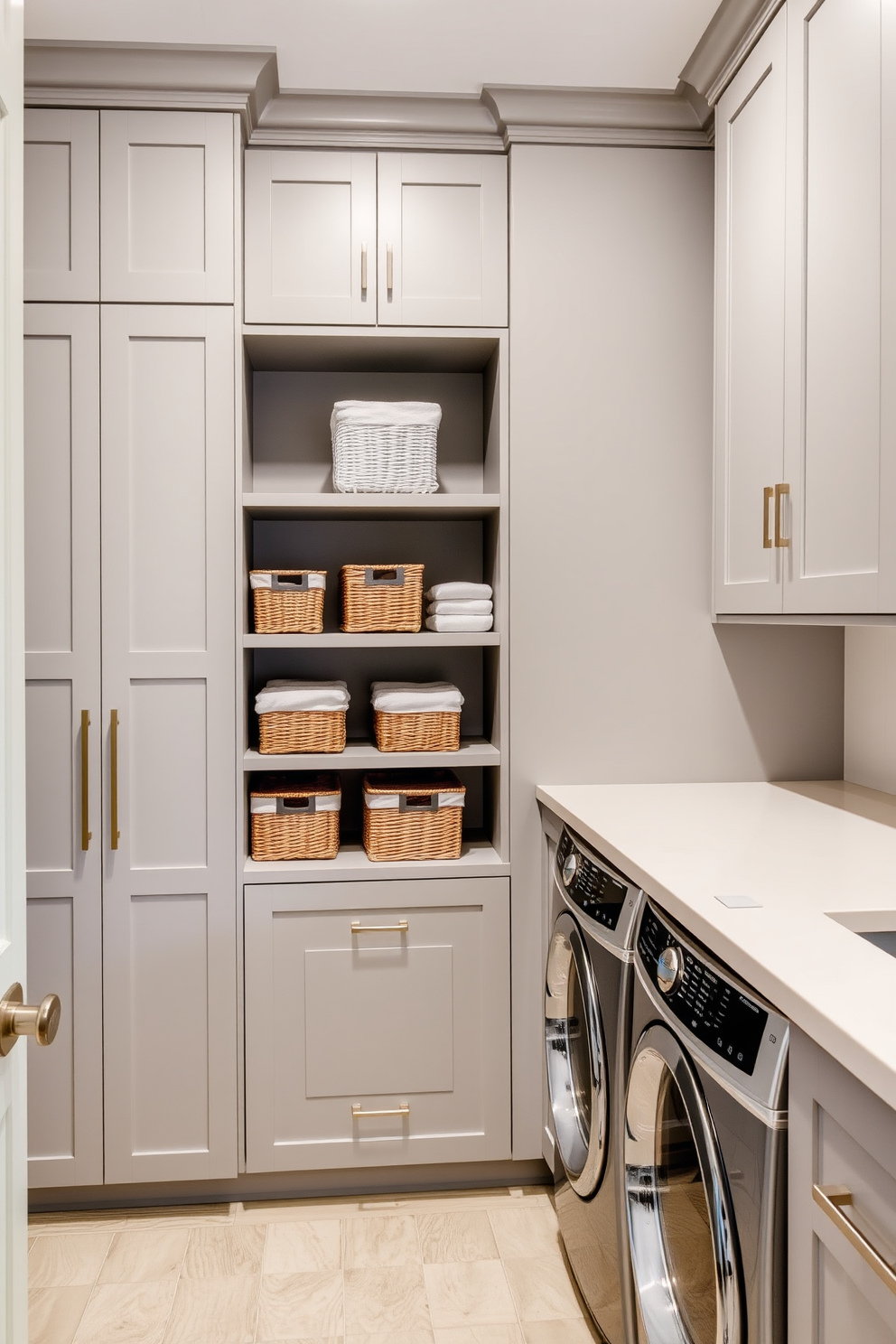 A modern laundry room featuring sleek cabinetry in a soft gray finish with a large countertop for folding clothes. Decorative baskets are neatly arranged on the shelves to provide organized storage, adding a touch of style to the functional space.