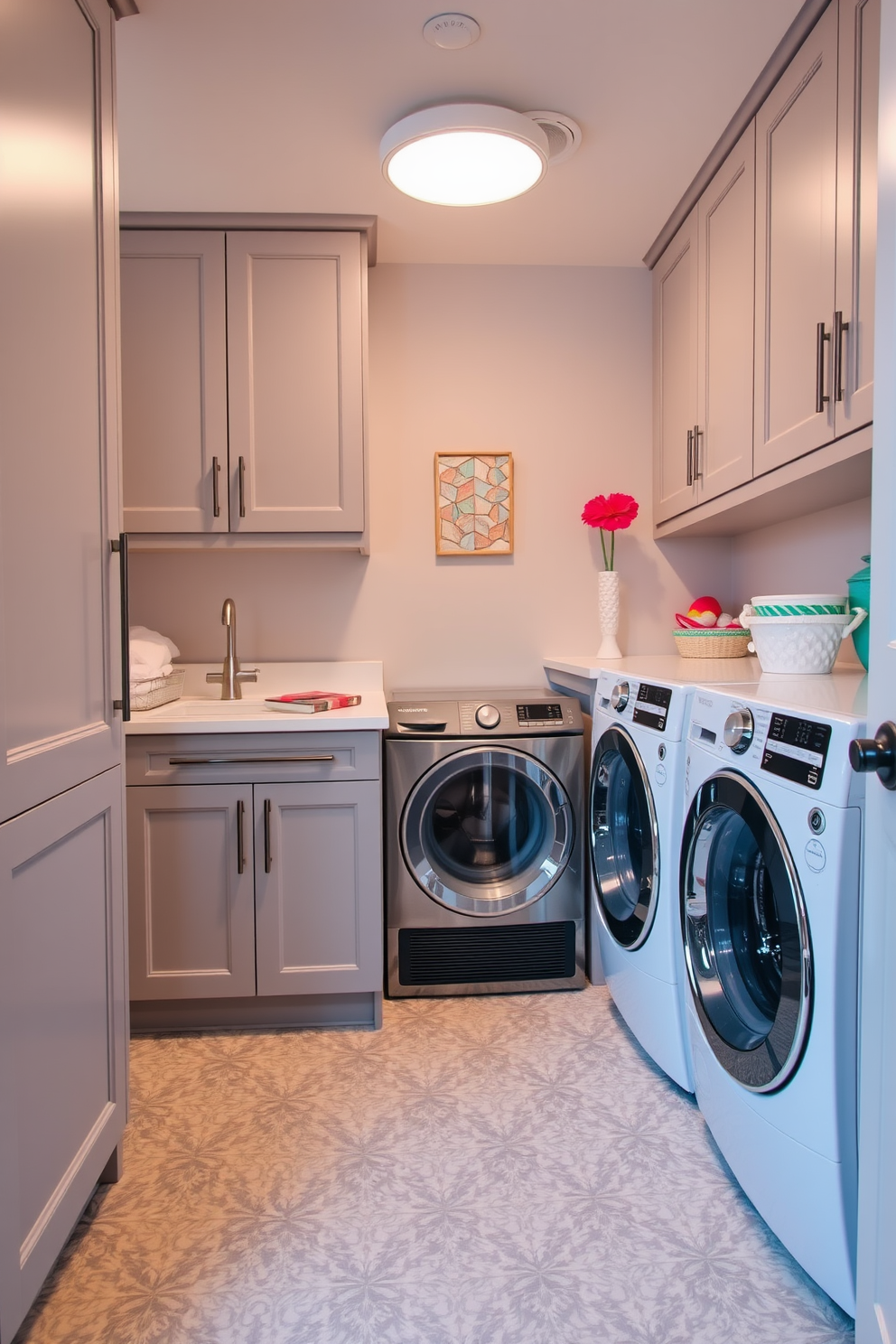 A modern laundry room featuring patterned tiles that add a unique touch to the floor. The space includes sleek cabinetry in a soft gray tone with ample storage and a countertop for folding clothes. A spacious washing machine and dryer are integrated into the cabinetry, creating a seamless look. Bright lighting illuminates the room, enhancing the cheerful atmosphere with a pop of color from decorative accessories.