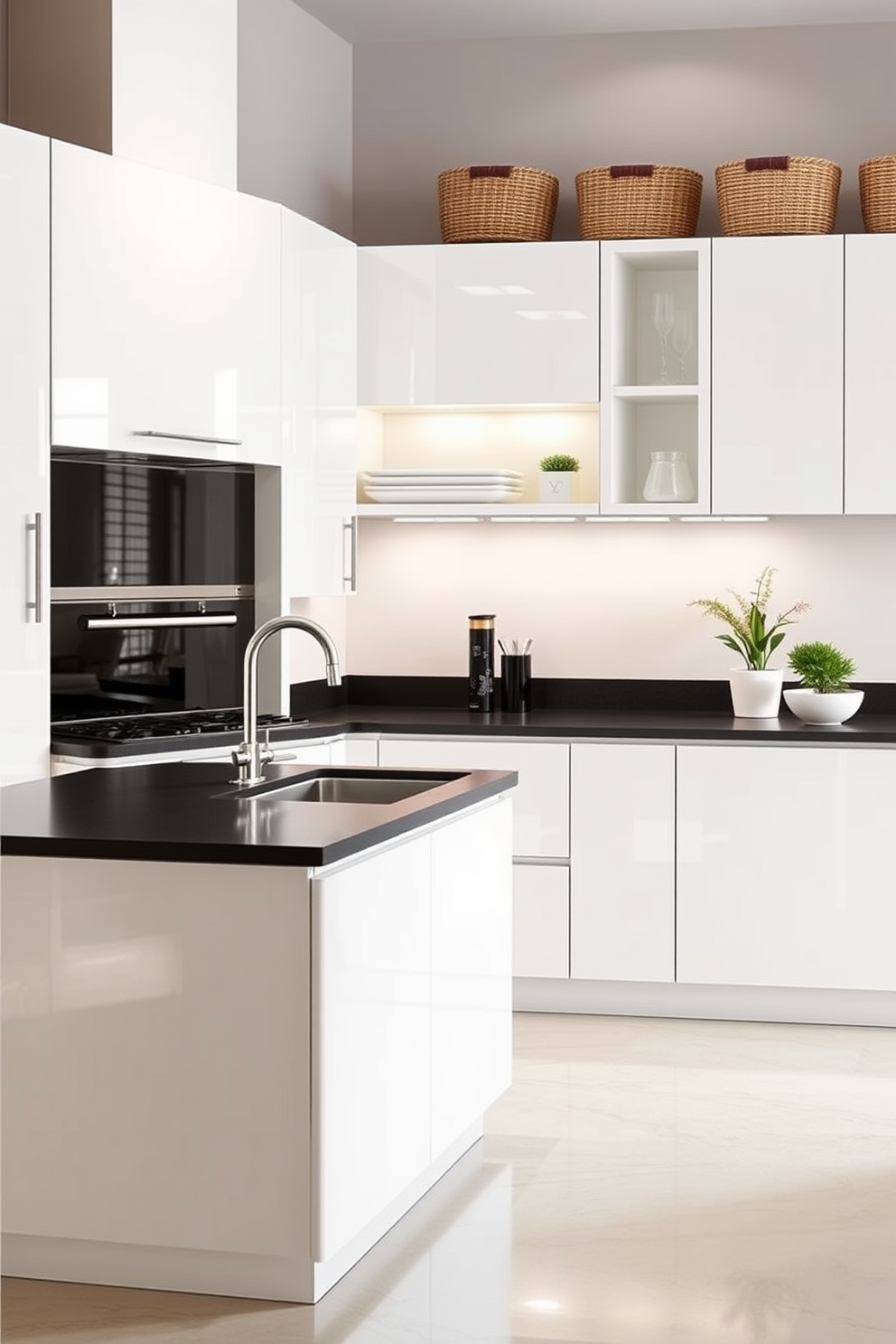 A modern laundry room featuring sleek metallic finishes throughout the space. The washer and dryer are stacked in a corner, with a stainless steel countertop above for folding clothes. The walls are painted in a crisp white, creating a bright and airy feel. Open shelving made of polished metal holds neatly folded towels and laundry supplies, adding both style and functionality.