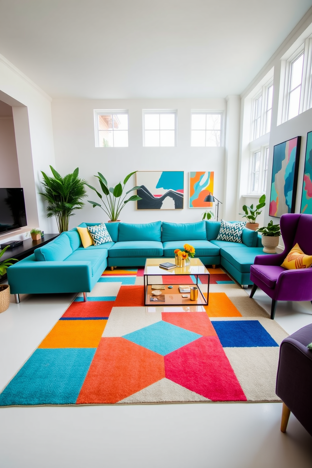 A bright and airy open concept living room features a large sectional sofa in a vibrant teal color that anchors the space. The walls are painted in a soft white, allowing bold accent pieces like a bright yellow coffee table and a deep purple armchair to stand out. Large windows let in plenty of natural light, highlighting a striking area rug with geometric patterns in multiple colors. Potted plants in the corners add a touch of greenery, while abstract artwork in bold hues adorns the walls, tying the room together.