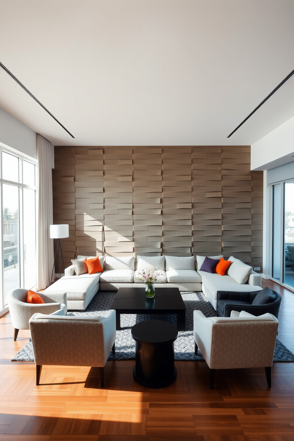 Textured wall panels create a stunning backdrop in a modern living room. The space features a sleek sectional sofa in neutral tones, complemented by vibrant accent pillows. A minimalist coffee table sits at the center, surrounded by stylish armchairs. Large windows allow natural light to flood the room, enhancing the warmth of the wooden flooring.