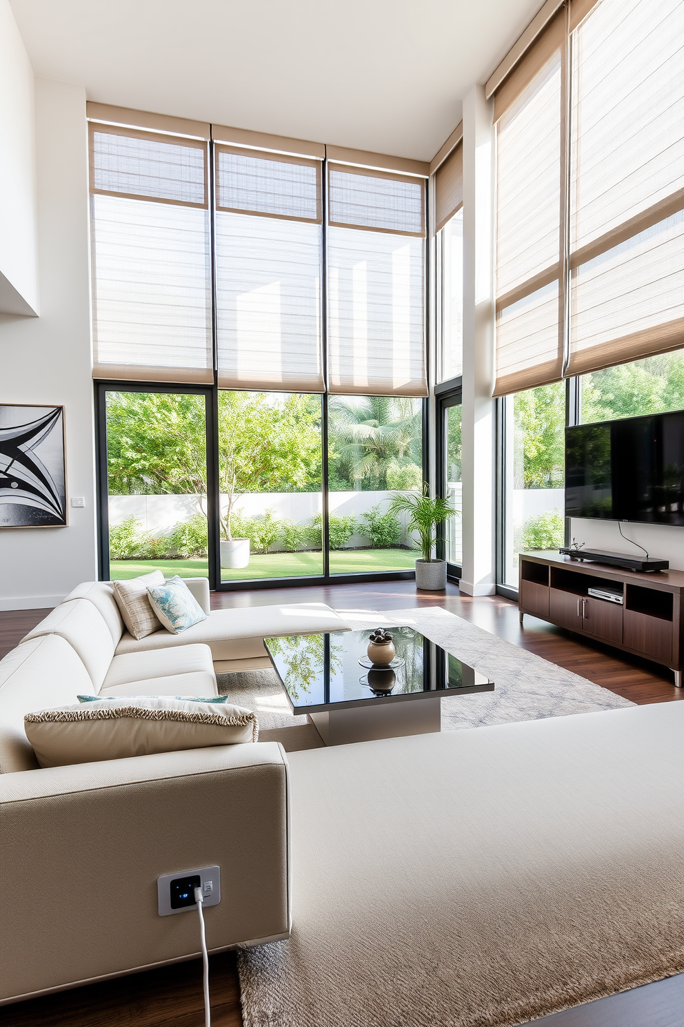 Textured wall panels create a striking focal point in a modern living room. The panels are complemented by sleek furniture pieces, including a low-profile sofa and a minimalist coffee table. Natural light floods the space through large windows, enhancing the warmth of the wood tones. A bold area rug anchors the seating arrangement, adding comfort and style to the room.