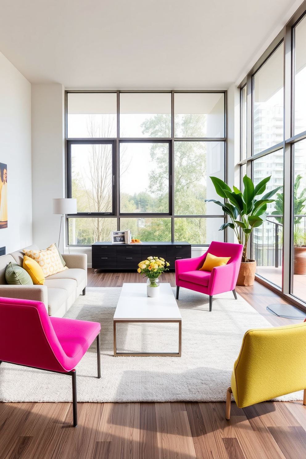 Brightly colored accent chairs add a vibrant touch to the modern living room. The space features a sleek sofa, a minimalist coffee table, and large windows that allow natural light to fill the room.