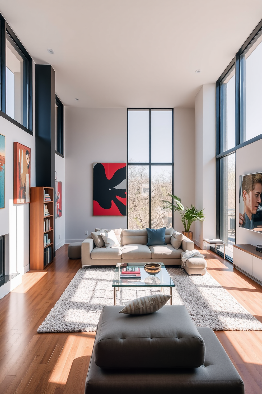 A modern living room filled with natural light streaming through large floor-to-ceiling windows. The space features a sleek sectional sofa in a neutral tone, paired with a glass coffee table and a cozy area rug underneath. The walls are adorned with contemporary art pieces that add a pop of color to the room. A minimalist bookshelf stands against one wall, showcasing a curated selection of books and decorative items.