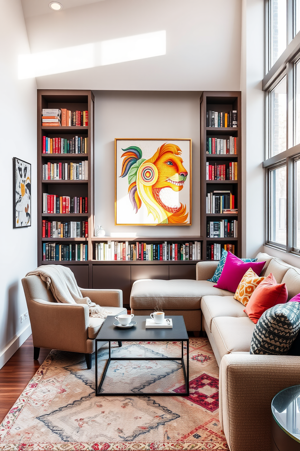 Cozy reading nook with built-in bookshelves. A plush armchair is positioned beside a large window, allowing natural light to flood the space. The walls are lined with custom-built bookshelves filled with an array of colorful books. A soft throw blanket is draped over the armchair, and a small side table holds a steaming cup of tea. Modern living room design ideas. An open layout features a sleek sectional sofa in a neutral tone, accented by vibrant throw pillows. A minimalist coffee table sits in front of the sofa, complemented by a stylish area rug. Large windows provide ample light, and a statement artwork piece hangs above the sofa, adding a pop of color.