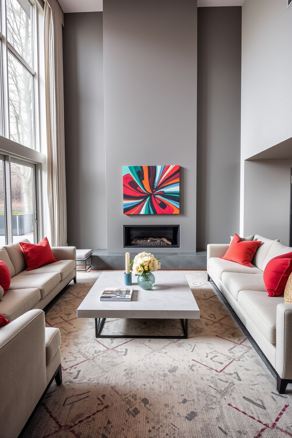 A modern living room featuring industrial elements such as exposed brick walls and metal beams. Warm wood accents are incorporated through a large coffee table and wooden shelving units, creating a cozy yet stylish atmosphere.