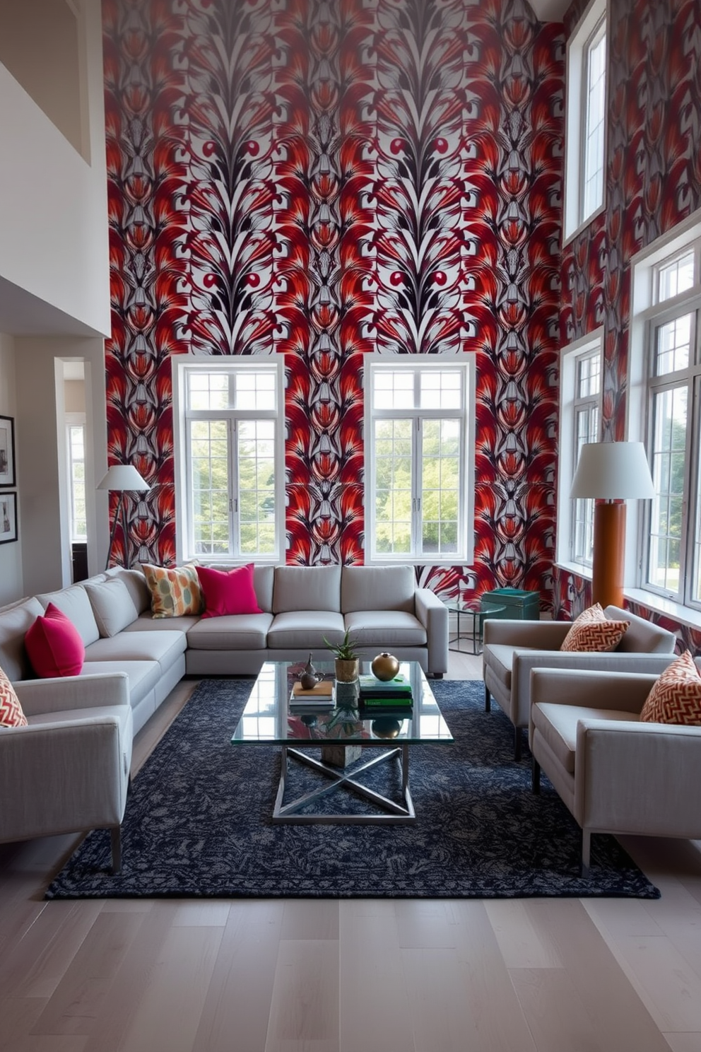 A modern living room featuring bold wallpaper that creates a dramatic focal point. The space includes a sleek sectional sofa in a neutral tone, paired with vibrant accent pillows that complement the wallpaper design. A stylish coffee table made of glass and metal sits in the center, surrounded by contemporary armchairs. Large windows allow natural light to flood the room, highlighting the unique textures and colors of the decor.