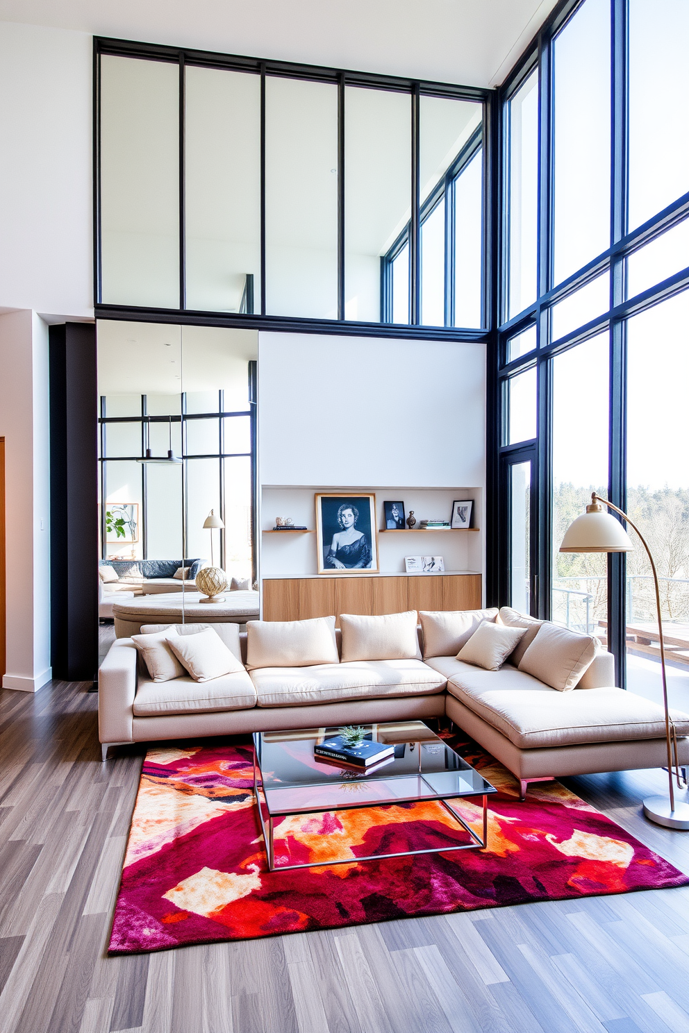 A modern living room design featuring large floor-to-ceiling windows that allow natural light to flood the space. The room is anchored by a plush sectional sofa in a neutral tone, complemented by a sleek glass coffee table and a vibrant area rug. Mirrors are strategically placed on the walls to create an illusion of depth and enhance the overall brightness of the room. The decor includes minimalist shelving with curated art pieces and a statement floor lamp that adds a touch of elegance.