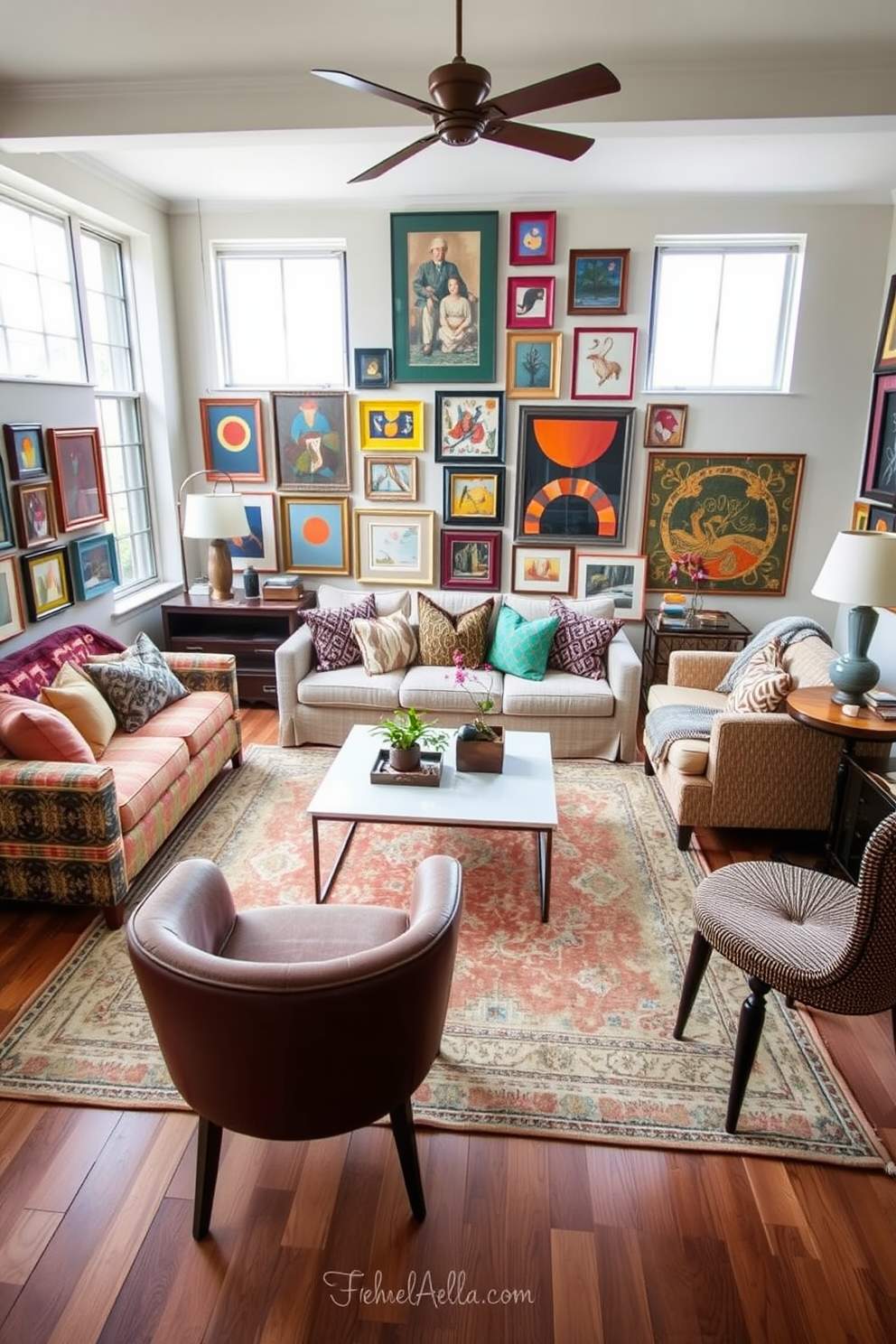 Eclectic living room featuring a vibrant mix of patterned cushions and textured throws on a plush sofa. The walls are adorned with an array of artwork, showcasing bold colors and unique frames, while a vintage rug adds warmth to the hardwood floor. A sleek coffee table sits at the center, surrounded by mismatched chairs that invite conversation. Large windows allow natural light to flood the space, highlighting the diverse materials and playful decor elements throughout the room.