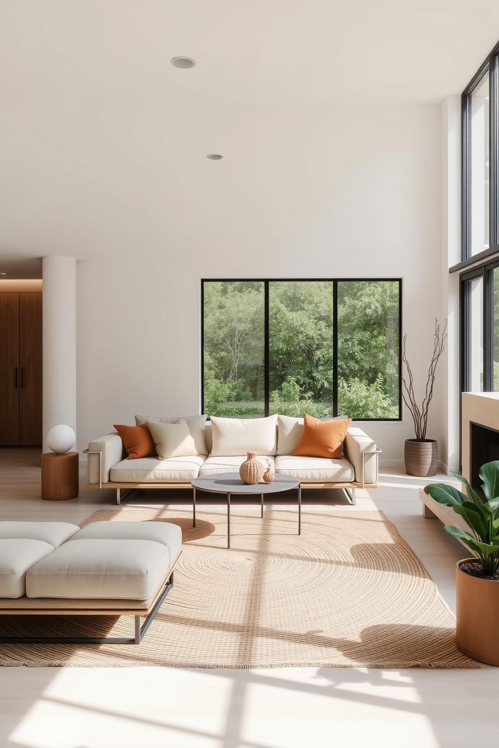 A minimalist living room features sleek furniture with clean lines and a neutral color palette. Natural textures such as a jute rug and wooden accents create warmth in the space. The focal point is a low-profile sofa adorned with soft, earthy-toned cushions. Large windows allow ample natural light to fill the room, enhancing the serene atmosphere.