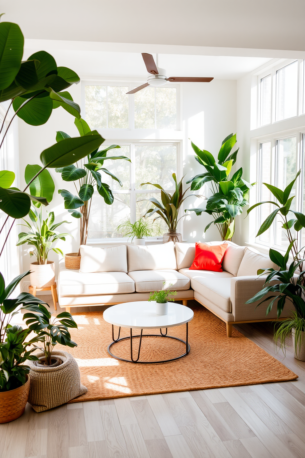 A modern living room filled with natural light. Lush indoor plants in various sizes are strategically placed around the space, creating a fresh and inviting atmosphere. The room features a sleek sectional sofa in a neutral tone, complemented by vibrant throw pillows. A stylish coffee table sits at the center, surrounded by a cozy area rug that adds warmth to the design.