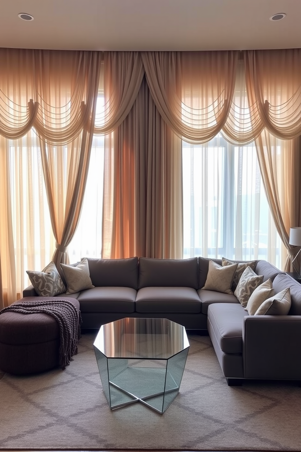 A modern living room featuring a cohesive color palette that blends soft grays, muted blues, and warm whites. The furniture includes a sleek sectional sofa paired with a minimalist coffee table and accent chairs that complement the overall color scheme. Large windows allow natural light to flood the space, highlighting the textured area rug beneath the seating arrangement. Wall art in coordinating hues adds personality, while a stylish floor lamp provides additional illumination in the evening.