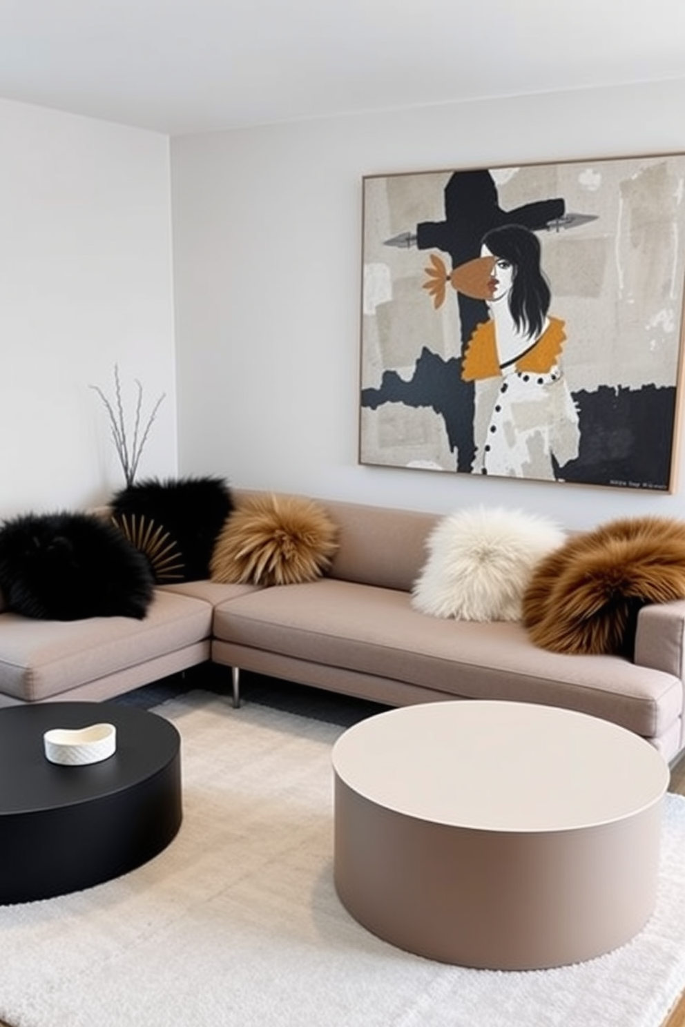 A modern living room featuring a sleek sectional sofa adorned with faux fur throws for added comfort. The space is accented with a minimalist coffee table and a large abstract painting that brings a pop of color to the neutral walls.