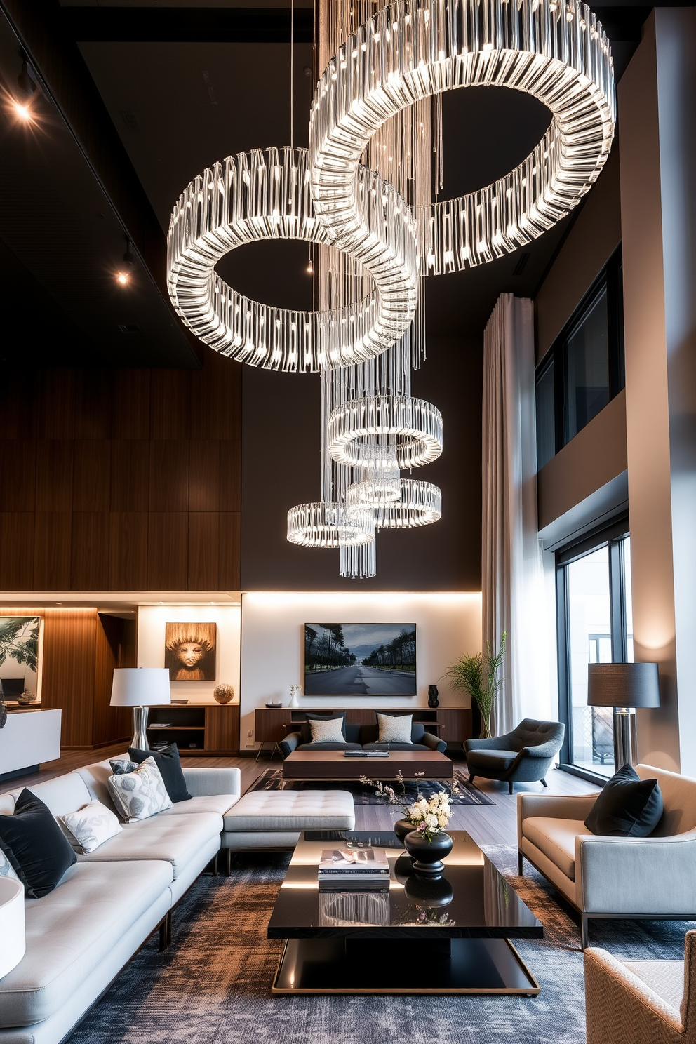 A modern living room features sleek floating shelves that showcase an array of decorative items and books. The walls are painted in a soft gray hue, providing a neutral backdrop that enhances the contemporary aesthetic. The furniture includes a plush sectional sofa in a deep navy color, complemented by a glass coffee table. Large windows allow natural light to flood the space, creating an inviting and airy atmosphere.