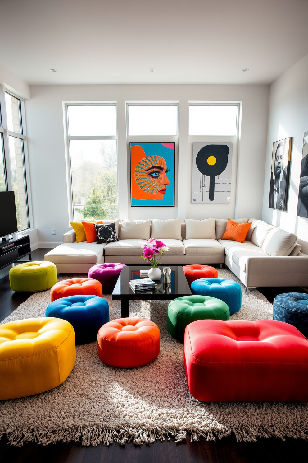 A modern living room featuring an eclectic mix of furniture styles that blend mid-century modern chairs with a contemporary sectional sofa. The space is adorned with vibrant artwork and a colorful area rug, creating a lively atmosphere filled with personality.