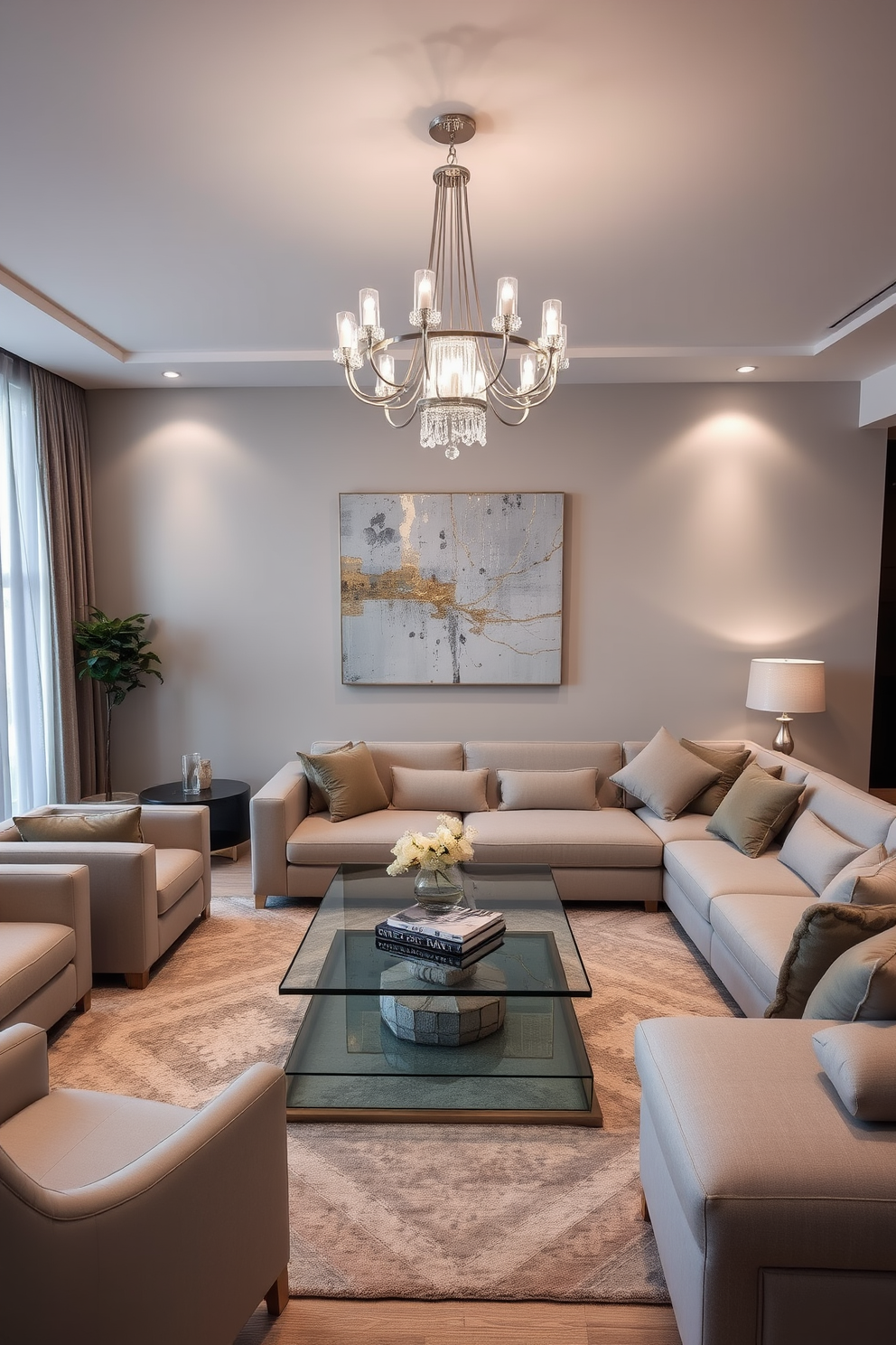 A modern living room featuring sleek furniture with subtle metallic accents that enhance the overall elegance of the space. The color palette consists of soft neutrals complemented by rich textures, creating a warm and inviting atmosphere. A large sectional sofa is adorned with plush cushions, and a glass coffee table sits at the center, reflecting the light from a stylish chandelier above. The walls are decorated with abstract art pieces that incorporate hints of gold and silver, tying the room together beautifully.