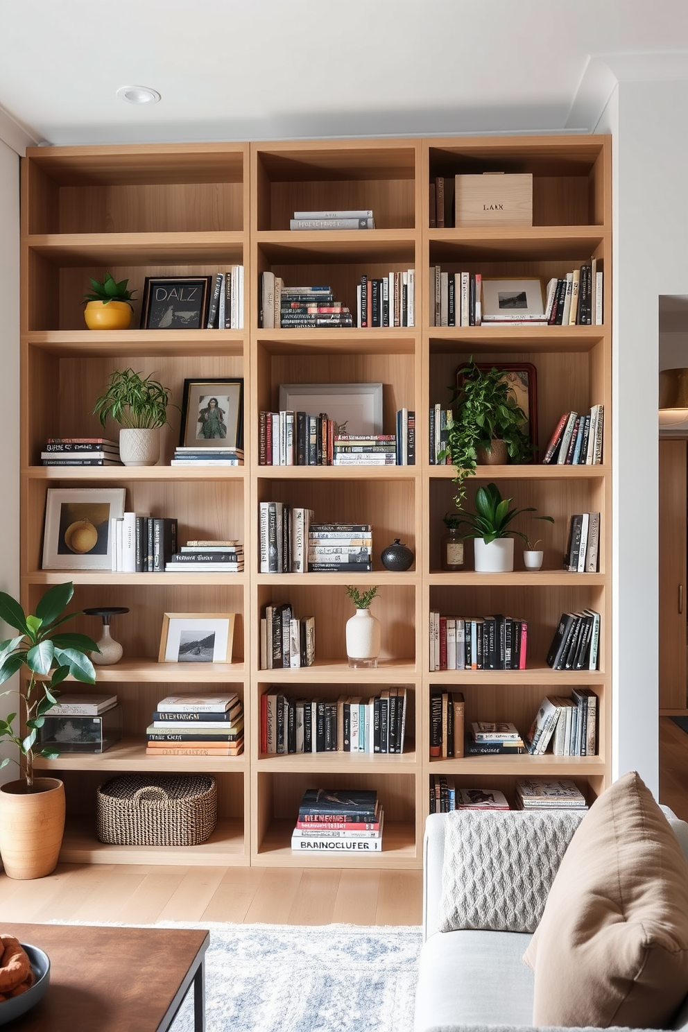 A modern living room featuring open shelving that showcases a curated collection of personal items. The shelves are made of light wood and are filled with books, plants, and decorative objects, creating a warm and inviting atmosphere.