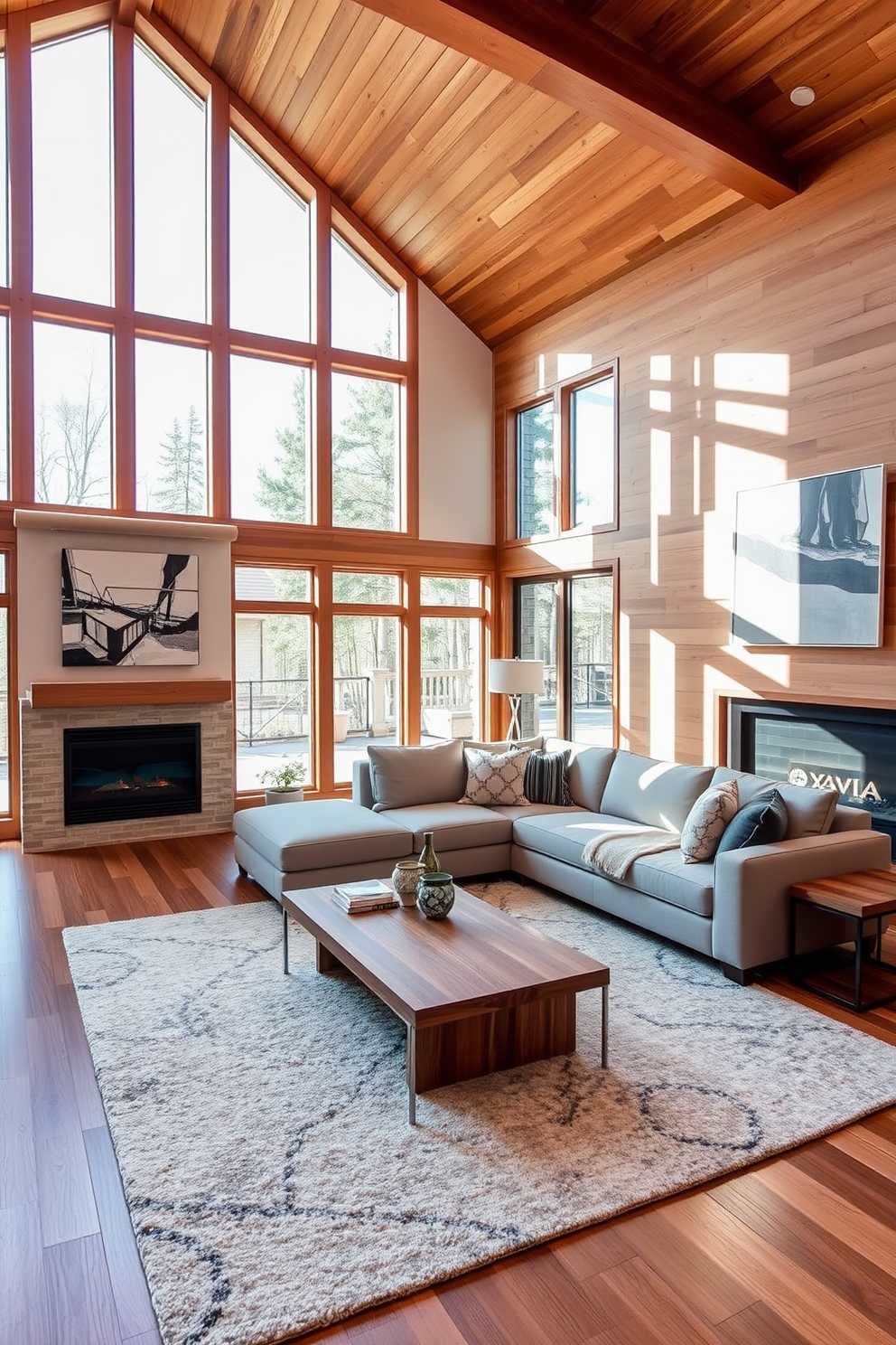 A modern living room with warm wood tones creates a welcoming atmosphere. The space features a large sectional sofa in a neutral fabric, paired with a sleek wooden coffee table and a cozy area rug. Floor-to-ceiling windows allow natural light to flood the room, highlighting the wooden accents throughout. A statement art piece hangs above the mantel, complemented by stylish decorative pillows on the sofa.