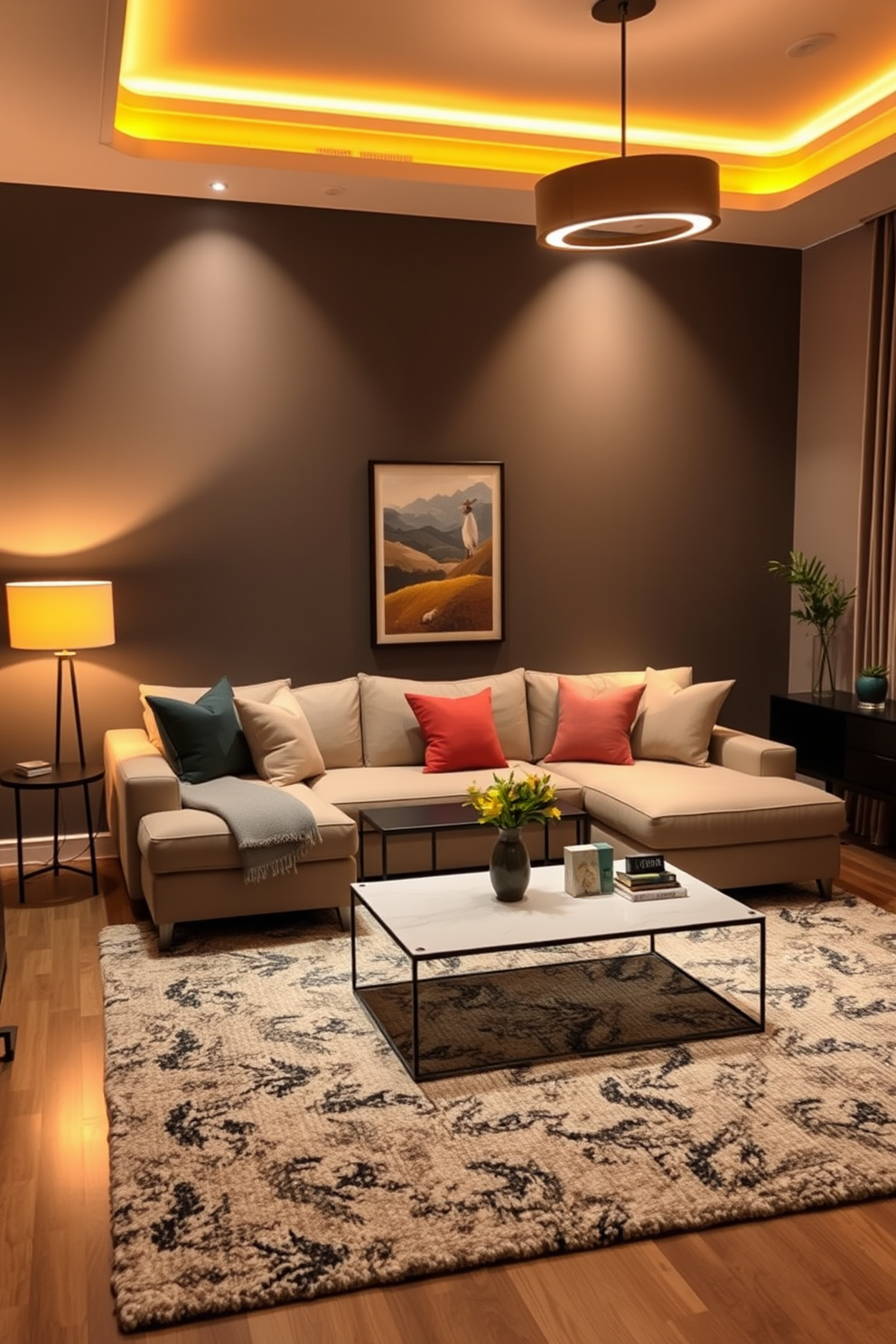 A modern living room with layered lighting that creates a cozy ambiance. Soft warm lights are strategically placed to highlight the seating area and artwork on the walls. The room features a plush sectional sofa in neutral tones paired with colorful throw pillows. A stylish coffee table sits in the center, surrounded by a textured rug that adds warmth and comfort.