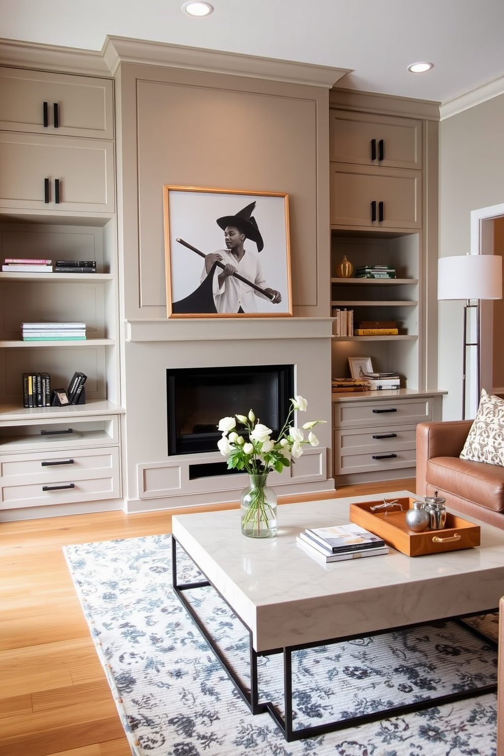 Custom built-ins create a polished finish in a modern living room. The design features sleek cabinetry with integrated shelving, a cozy seating area, and a statement coffee table that ties the space together.