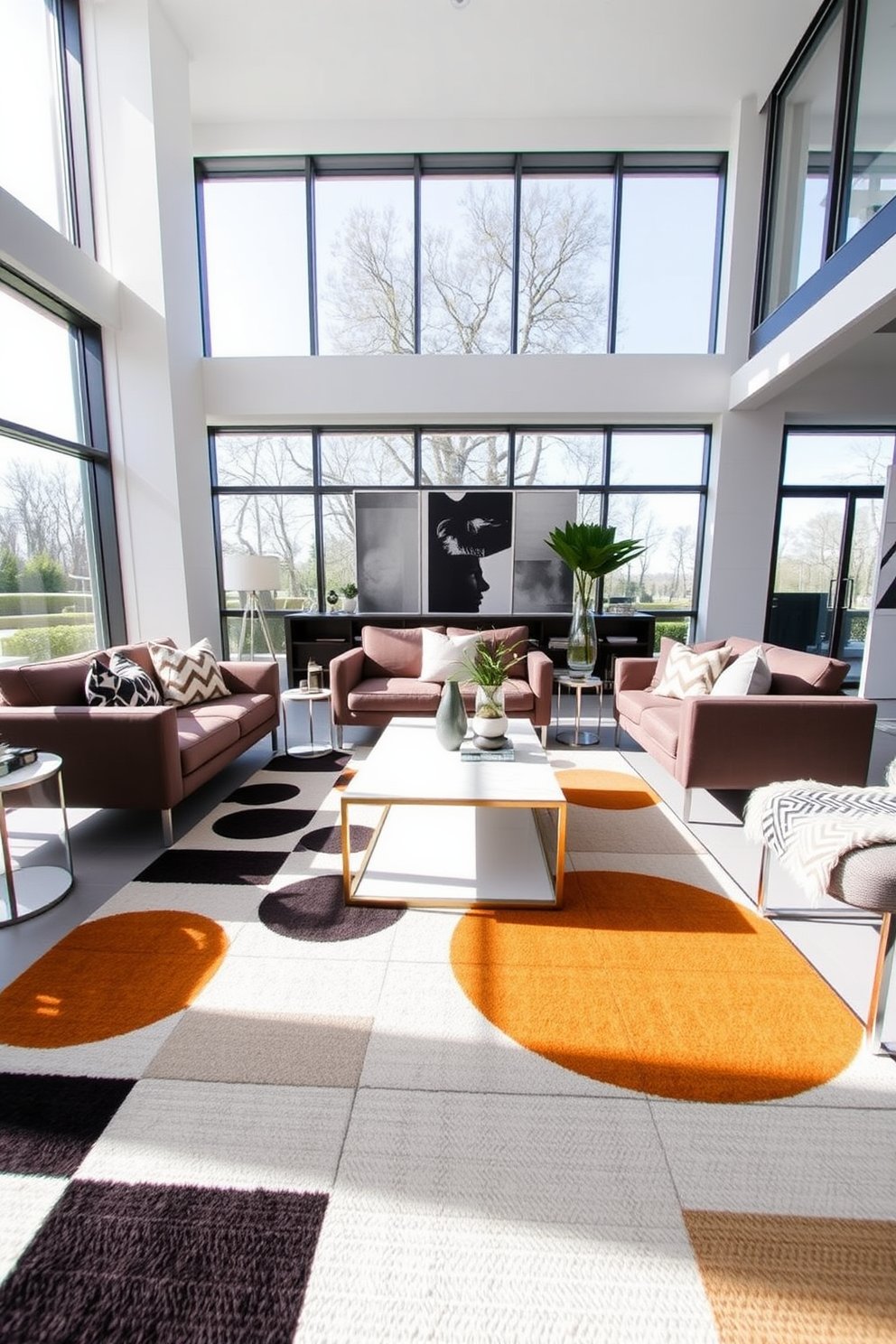 A modern living room featuring geometric patterns on rugs and cushions. The space is bright and airy with large windows allowing natural light to flood in, showcasing a stylish arrangement of furniture. The rug boasts bold shapes in contrasting colors, while the cushions on the sofa complement the rug with their unique designs. A sleek coffee table sits at the center, surrounded by contemporary seating that invites relaxation and conversation.