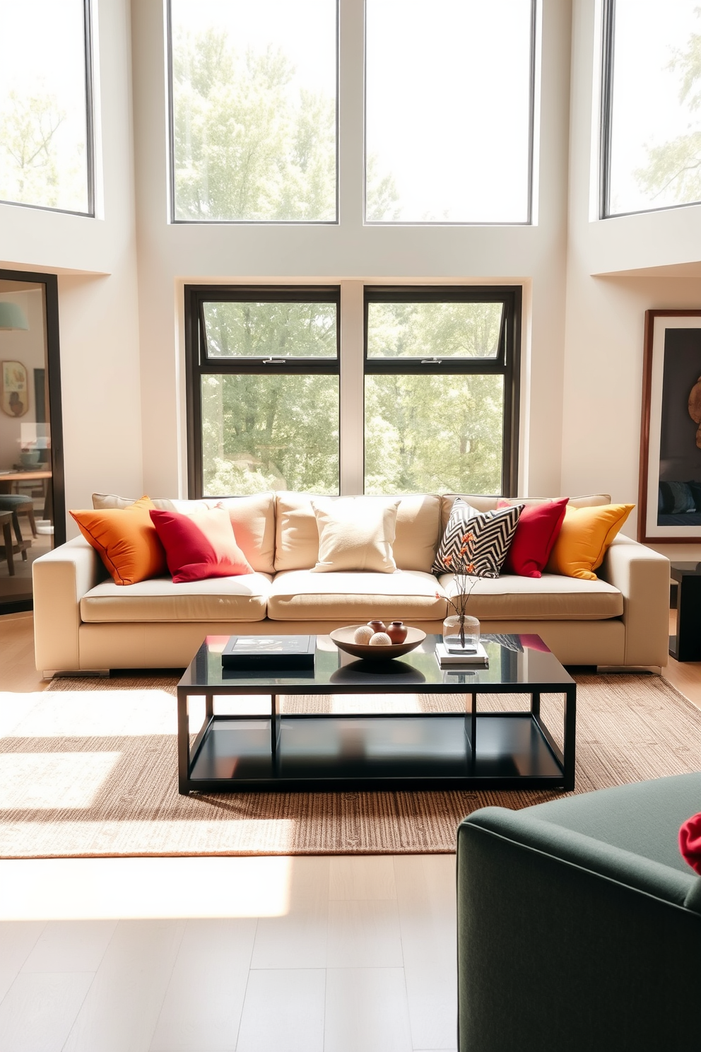 A modern living room featuring geometric patterns on rugs and cushions. The space is bright and airy with large windows allowing natural light to flood in, highlighting the vibrant colors of the decor. The focal point is a plush sofa adorned with cushions showcasing various geometric designs. A stylish area rug anchors the seating arrangement, complementing the overall aesthetic with its bold patterns and colors.