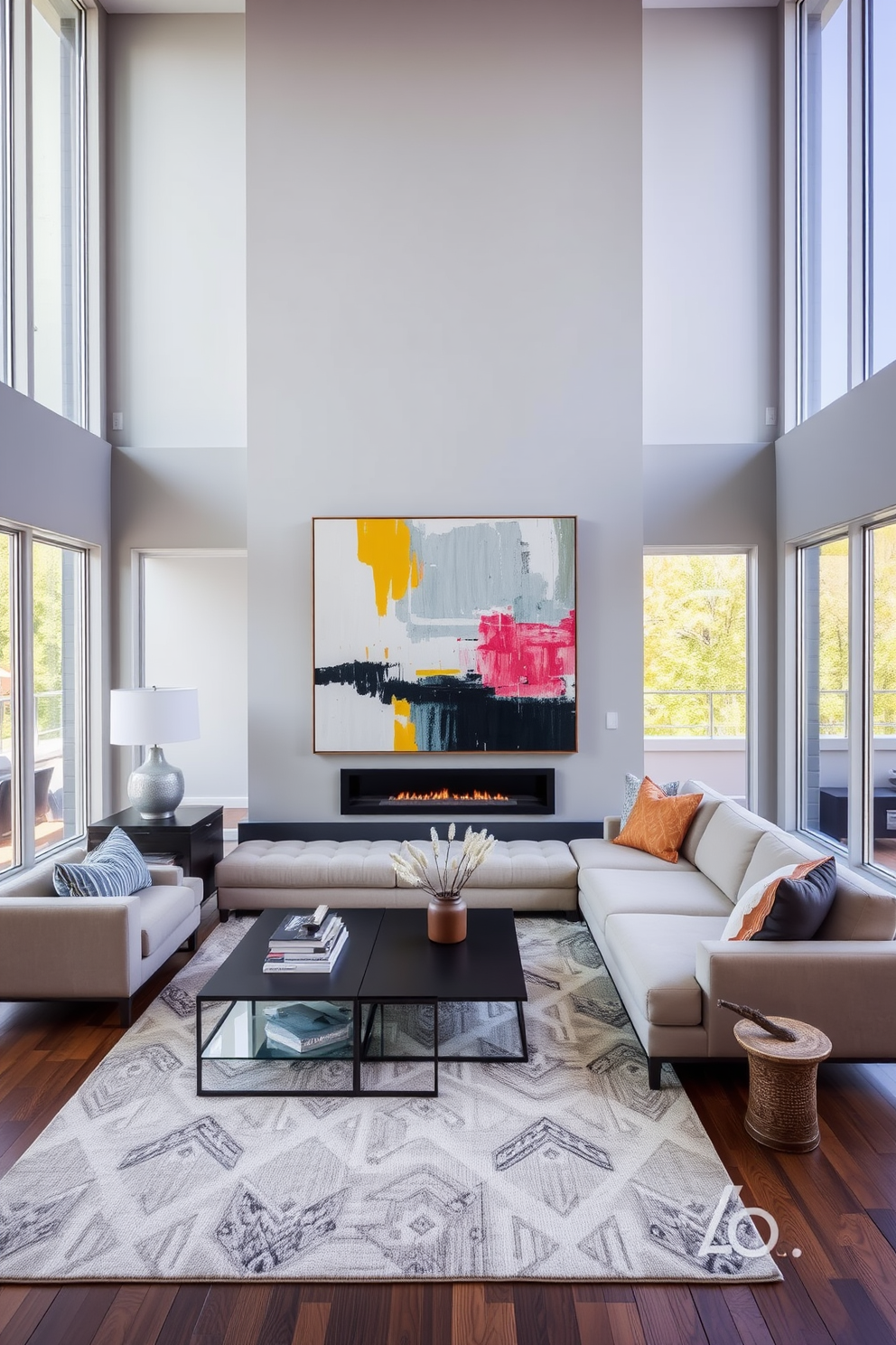 A modern living room featuring a large piece of abstract artwork as the focal point. The walls are painted in a soft gray, and a plush sectional sofa in a neutral tone is arranged around a sleek coffee table. Incorporate a stylish area rug with geometric patterns to add texture to the space. Floor-to-ceiling windows allow natural light to flood the room, highlighting the vibrant colors of the artwork.