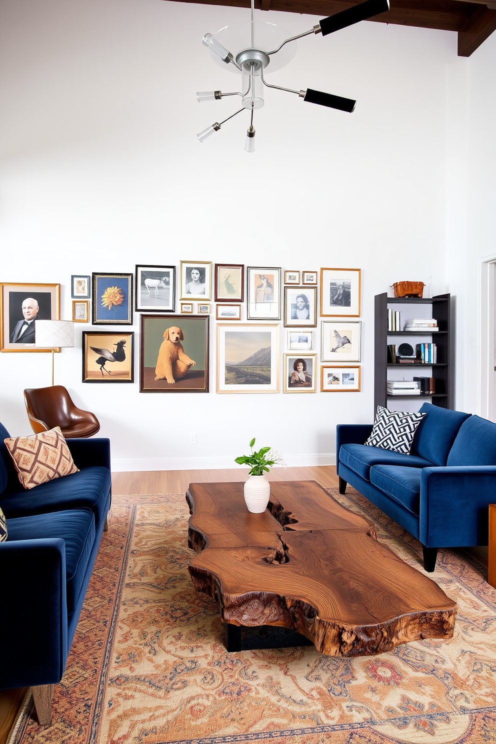 A modern living room that seamlessly blends vintage and contemporary decor styles. The space features a plush velvet sofa in a deep blue hue paired with a reclaimed wood coffee table that showcases intricate carvings. On one side, a mid-century armchair adds character, while a sleek, minimalist bookshelf stands against the wall. The walls are adorned with a gallery of framed vintage art pieces, contrasting beautifully with the modern light fixtures overhead.