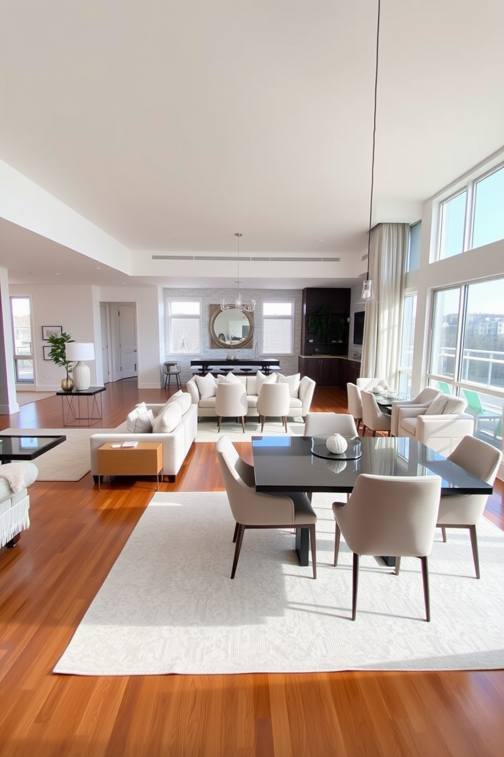 A spacious open concept living and dining area features a seamless flow between the two spaces. The living area showcases a plush sectional sofa in neutral tones paired with a stylish coffee table and an accent chair. The dining area is highlighted by a sleek rectangular table surrounded by upholstered chairs. Large windows allow natural light to flood the space, enhancing the warm wood flooring and elegant light fixtures above.