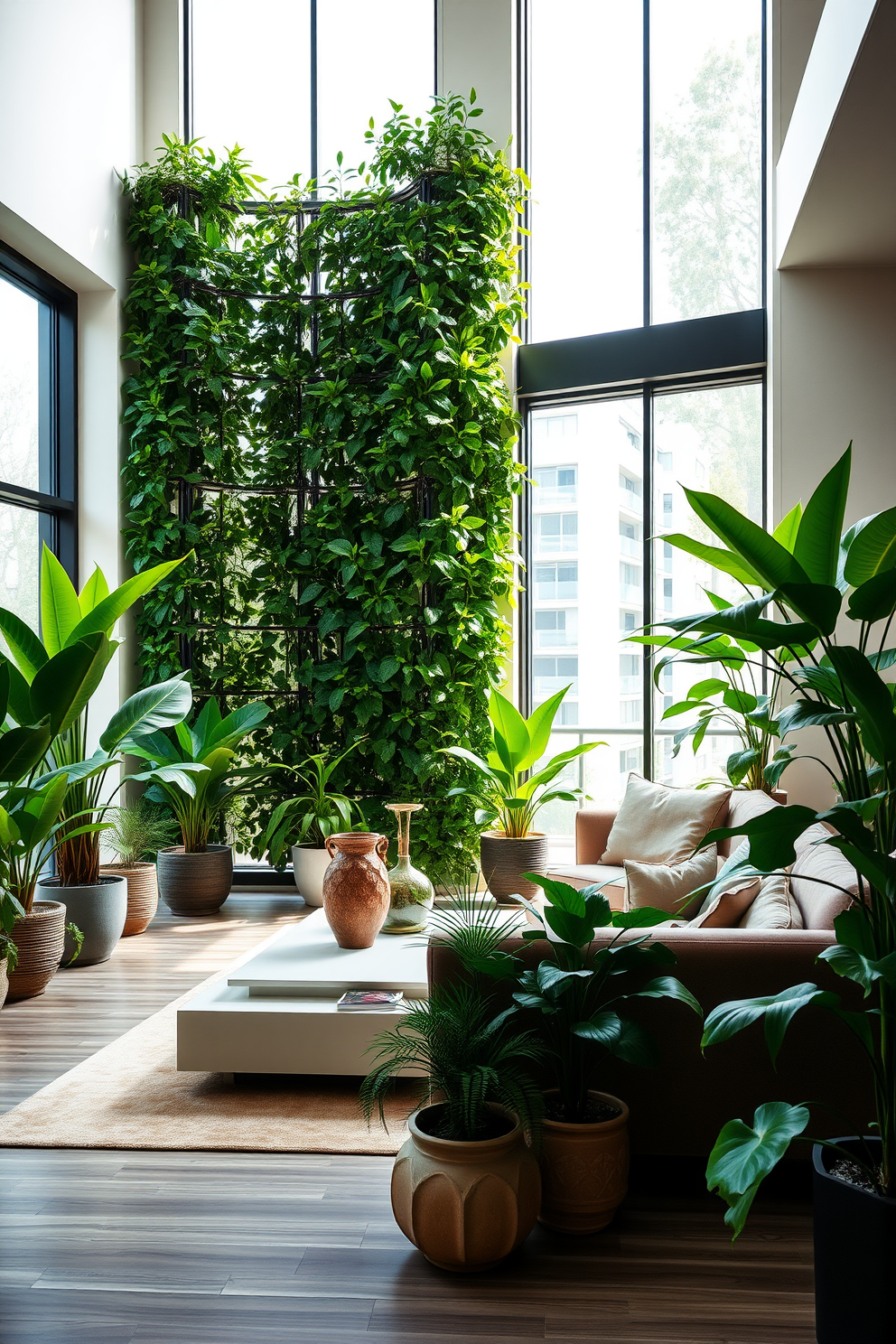 A modern luxury apartment filled with indoor plants that bring a touch of nature indoors. The space features a spacious living area with large windows allowing natural light to flood in, complemented by lush green plants in decorative pots placed strategically throughout the room. The furniture is sleek and contemporary, with a plush sofa and minimalist coffee table. A vertical garden wall adds an eye-catching focal point, enhancing the overall ambiance of tranquility and elegance.