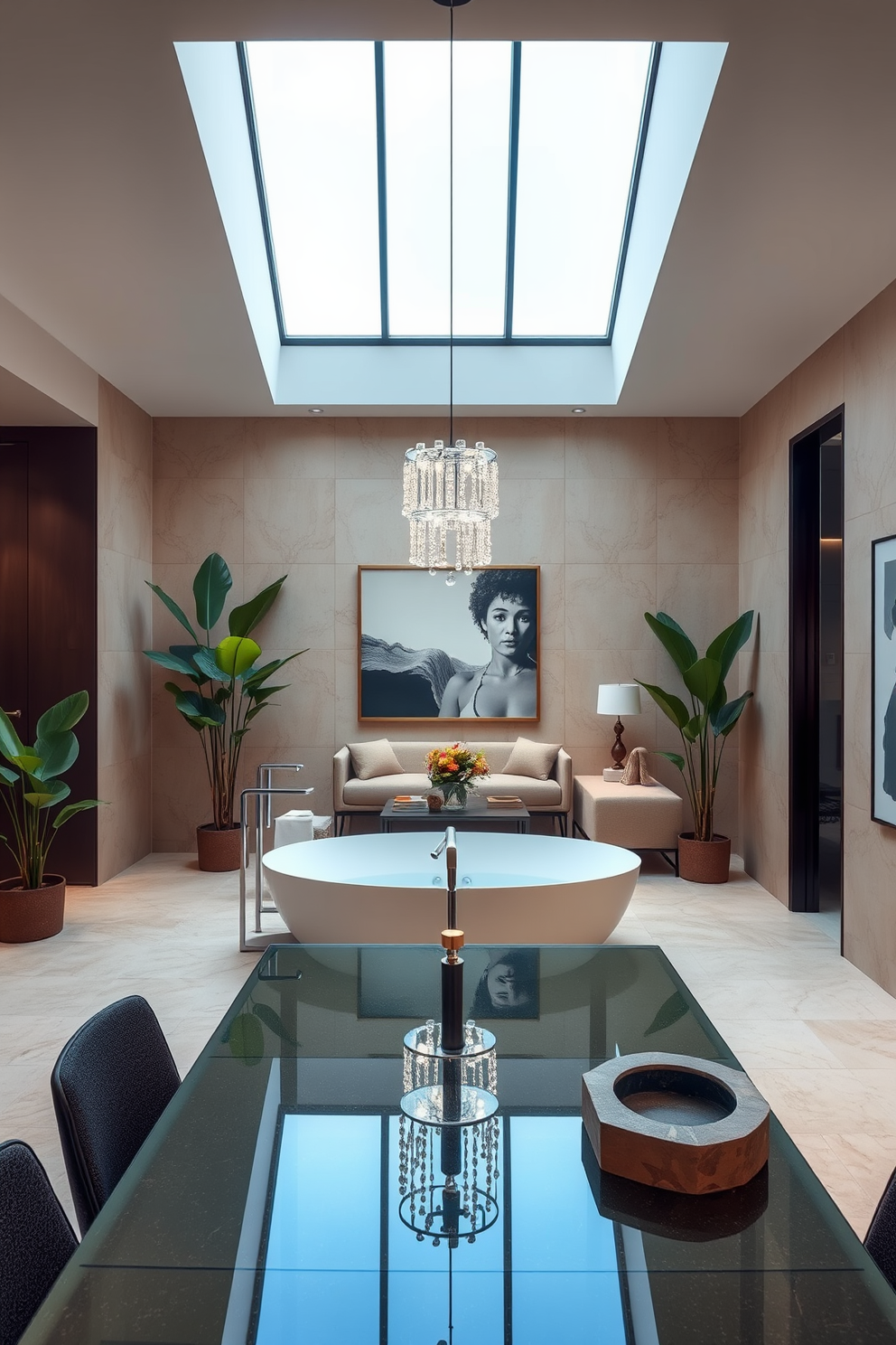 A serene spa-inspired bathroom featuring a freestanding soaking tub positioned under a large window that allows natural light to flood the space. The walls are adorned with soft beige tiles, and lush greenery is placed in the corners to enhance the tranquil atmosphere. A modern luxury apartment design that combines open spaces with sleek furnishings and contemporary art pieces. The living area features a plush sectional sofa and a glass coffee table, while a stylish dining area showcases a designer chandelier above a minimalist table.