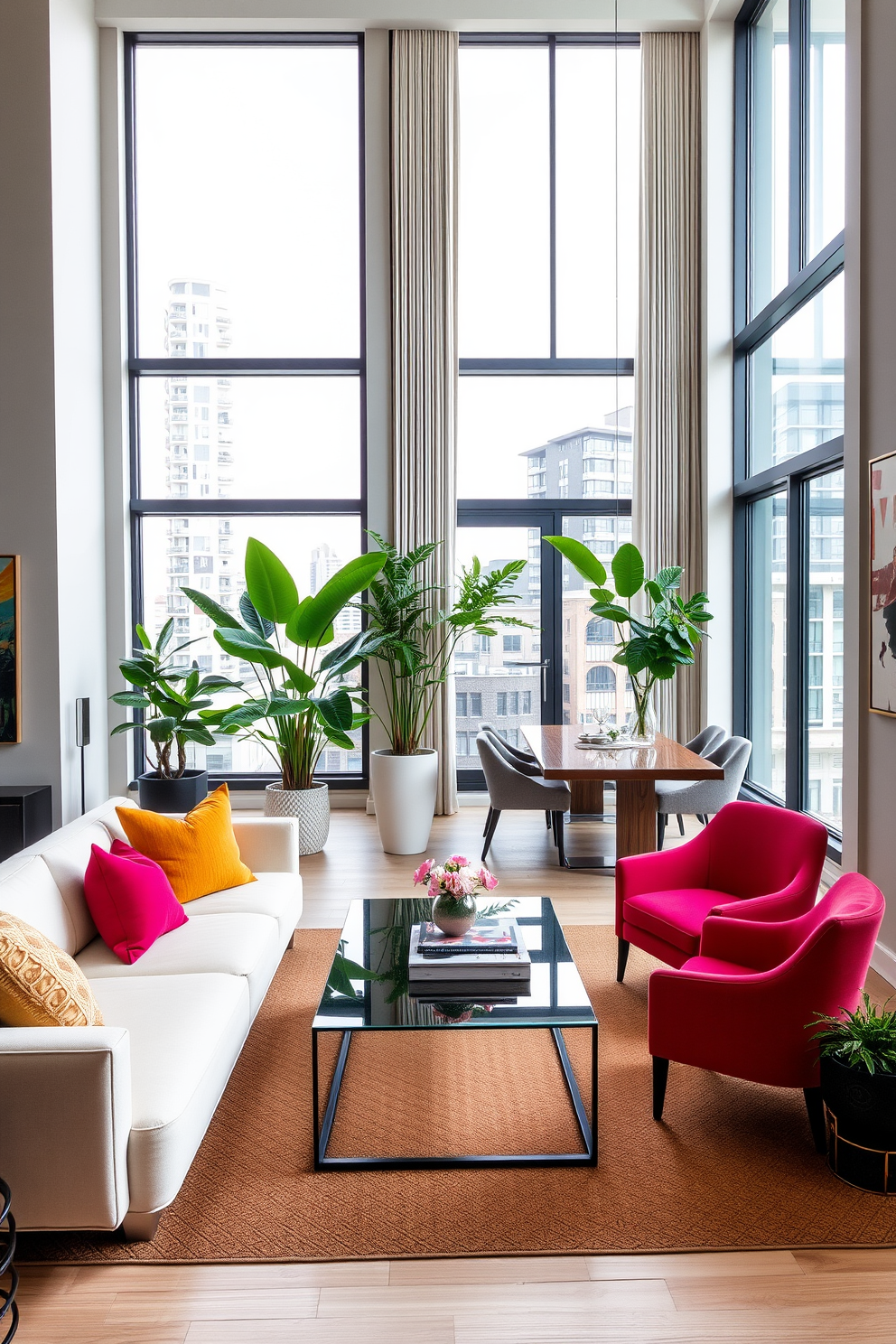 A modern luxury apartment featuring a neutral color palette complemented by pops of vibrant colors. The living area showcases a plush cream sofa adorned with colorful throw pillows, paired with a sleek glass coffee table and a statement art piece on the wall. The dining space includes a minimalist wooden table surrounded by stylish upholstered chairs in a bold hue. Large windows allow natural light to flood the room, highlighting the elegant decor and lush indoor plants strategically placed throughout the apartment.