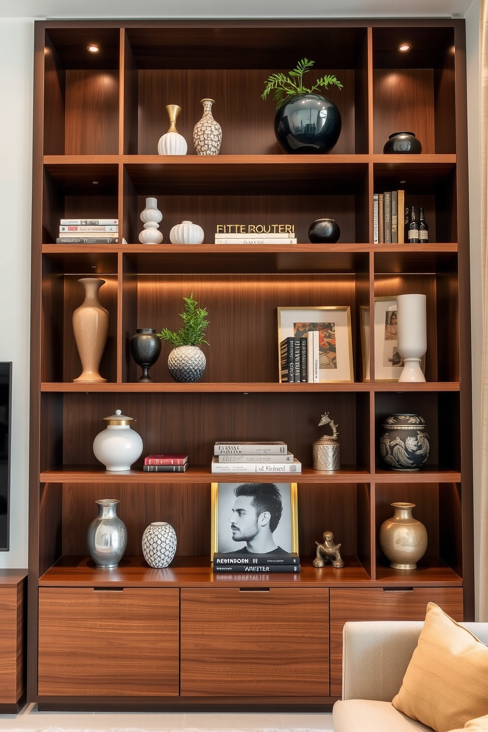 Open shelving elegantly showcases curated decor items in a modern luxury apartment. The shelves are crafted from rich wood and feature a mix of decorative vases, books, and art pieces, creating a visually appealing focal point in the living space.