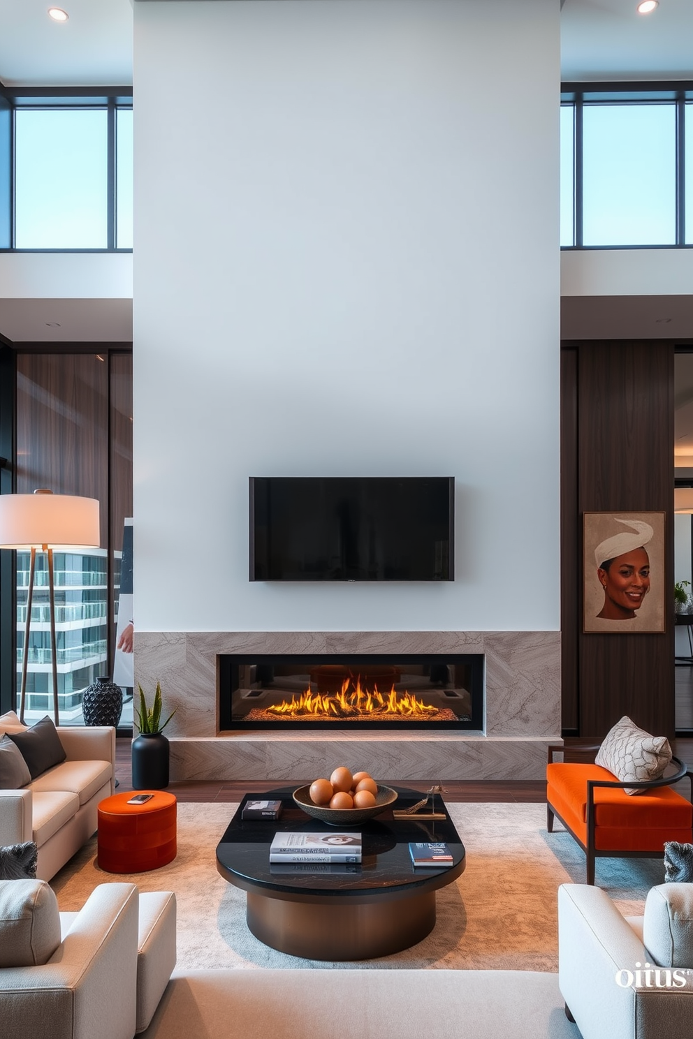 A contemporary fireplace serves as the focal point of the living space, featuring a sleek, linear design with a polished stone surround. Soft, ambient lighting highlights the fireplace, creating a warm and inviting atmosphere in the modern luxury apartment. The living area is adorned with plush furnishings in neutral tones, complemented by bold accent pieces that add a touch of elegance. Large windows allow natural light to flood the space, enhancing the overall sense of openness and sophistication.