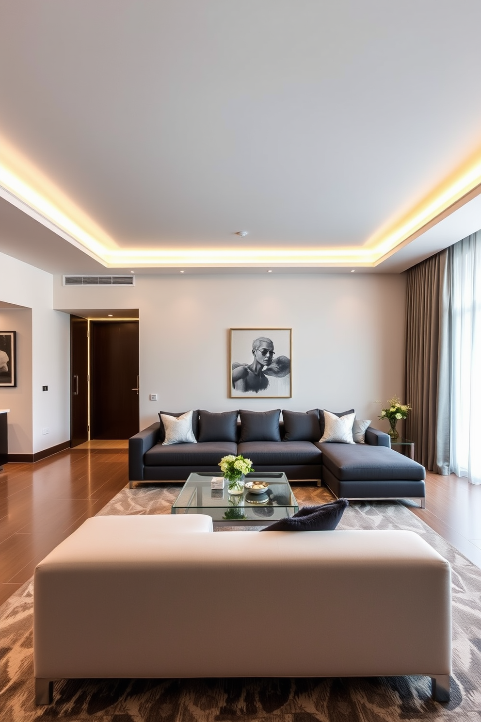 A modern luxury apartment featuring layered lighting with dimmers that create an inviting atmosphere. The living area boasts a sleek sectional sofa, a glass coffee table, and elegant artwork adorning the walls, enhancing the overall sophistication.