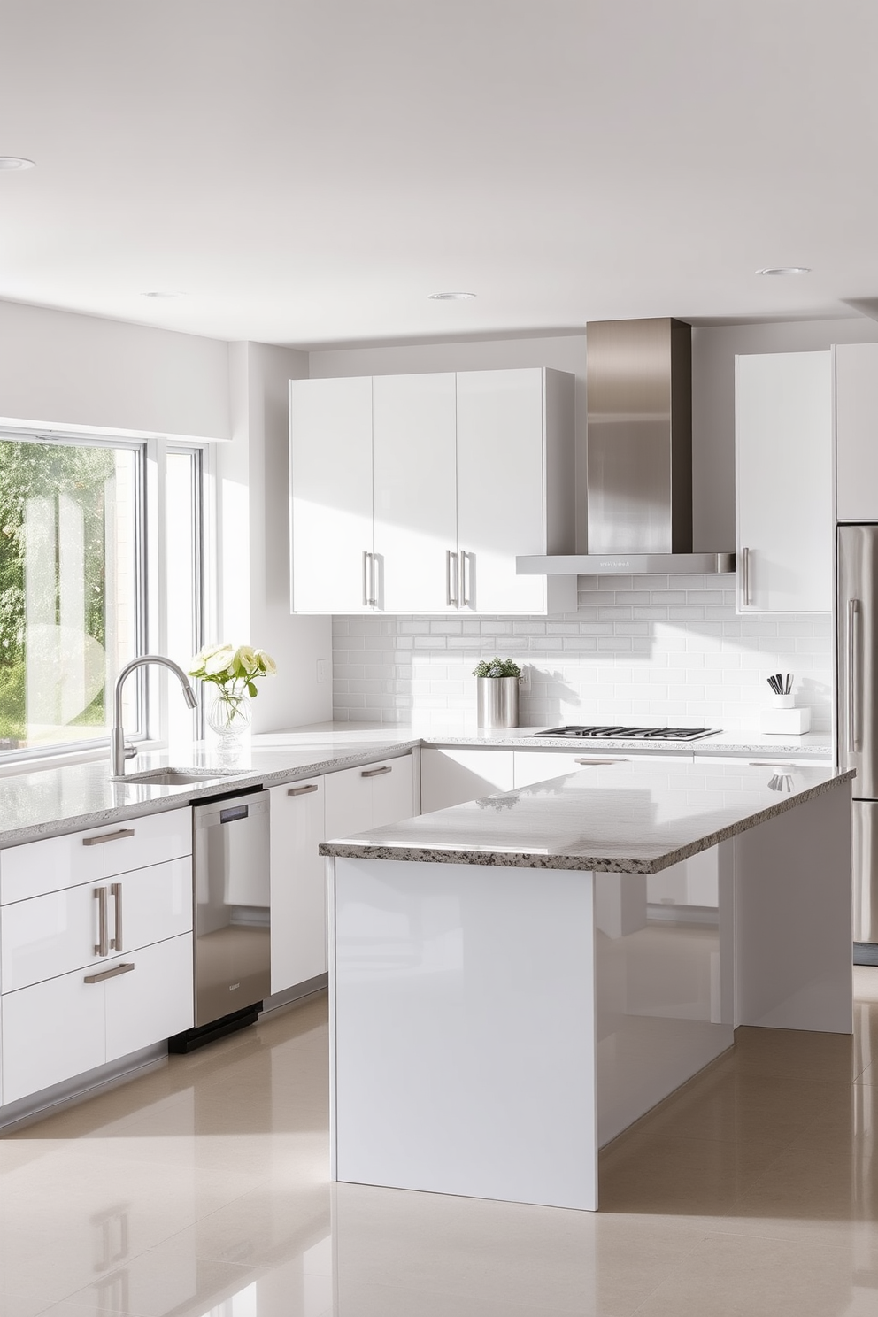 A sleek minimalist kitchen featuring an expansive island at the center. The cabinetry is finished in a high-gloss white, complemented by stainless steel appliances and subtle under-cabinet lighting. The island is adorned with three contemporary pendant lights hanging above. A large window allows natural light to flood the space, highlighting the clean lines and open layout.