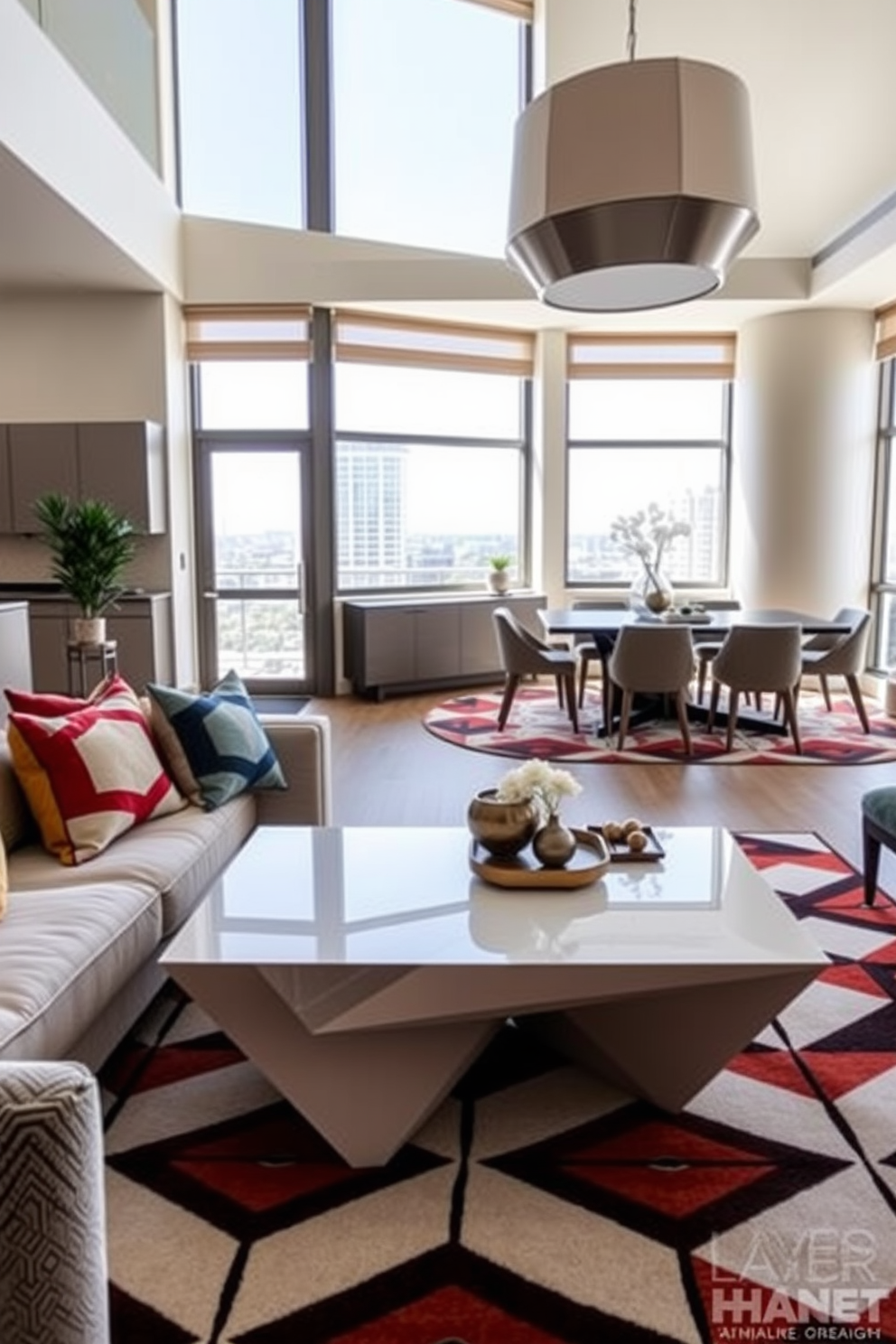 A modern luxury apartment featuring geometric patterns in textiles and decor. The living room showcases a plush sofa adorned with bold geometric throw pillows and a sleek coffee table with angular lines. The dining area boasts a striking geometric-patterned rug underneath a contemporary dining table surrounded by stylish chairs. Large windows allow natural light to illuminate the space, enhancing the vibrant colors and textures throughout the apartment.