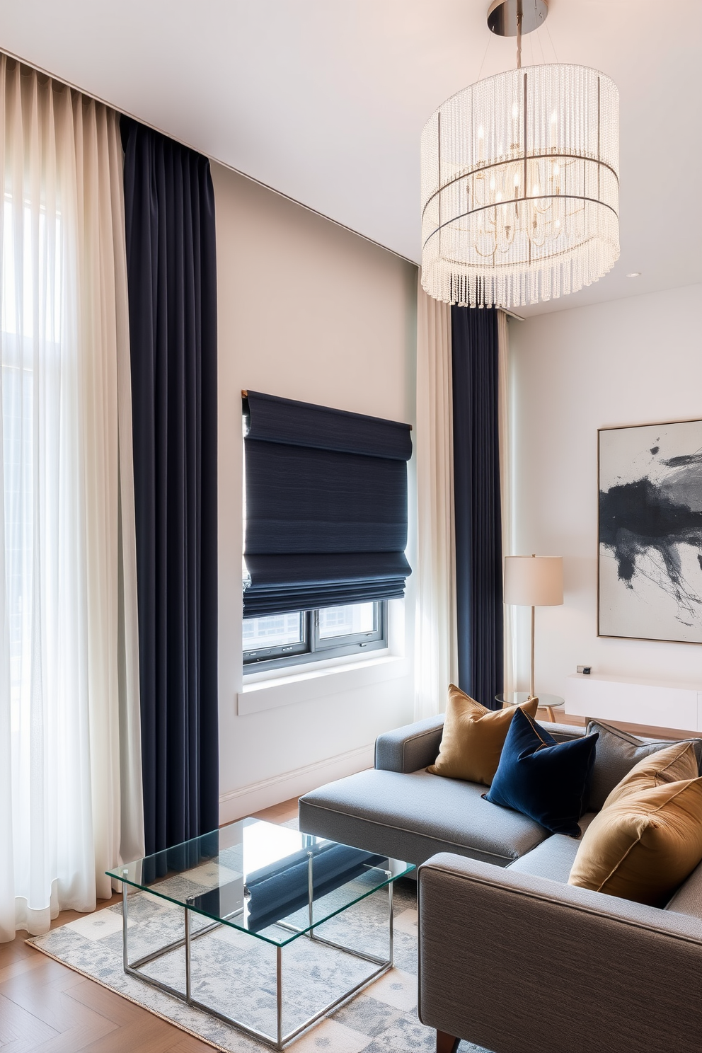 A modern luxury apartment featuring geometric patterns in textiles and decor. The living room showcases a plush sofa adorned with bold geometric cushions, while a statement area rug with intricate patterns anchors the space. The dining area boasts a sleek table surrounded by chairs upholstered in fabric with eye-catching geometric prints. A contemporary chandelier hangs above, casting a warm glow on the stylish decor elements that include patterned wall art and decorative vases.