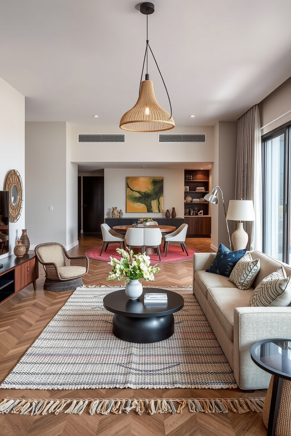 A functional entryway features a sleek console table with a glossy finish and a set of decorative storage baskets underneath. The walls are adorned with a large abstract art piece, and a stylish mirror reflects the natural light pouring in from the nearby window. In this modern luxury apartment design, open spaces are accentuated by high ceilings and large windows that offer stunning city views. Elegant furnishings combine comfort and style, with plush sofas and designer accent chairs arranged around a chic coffee table.