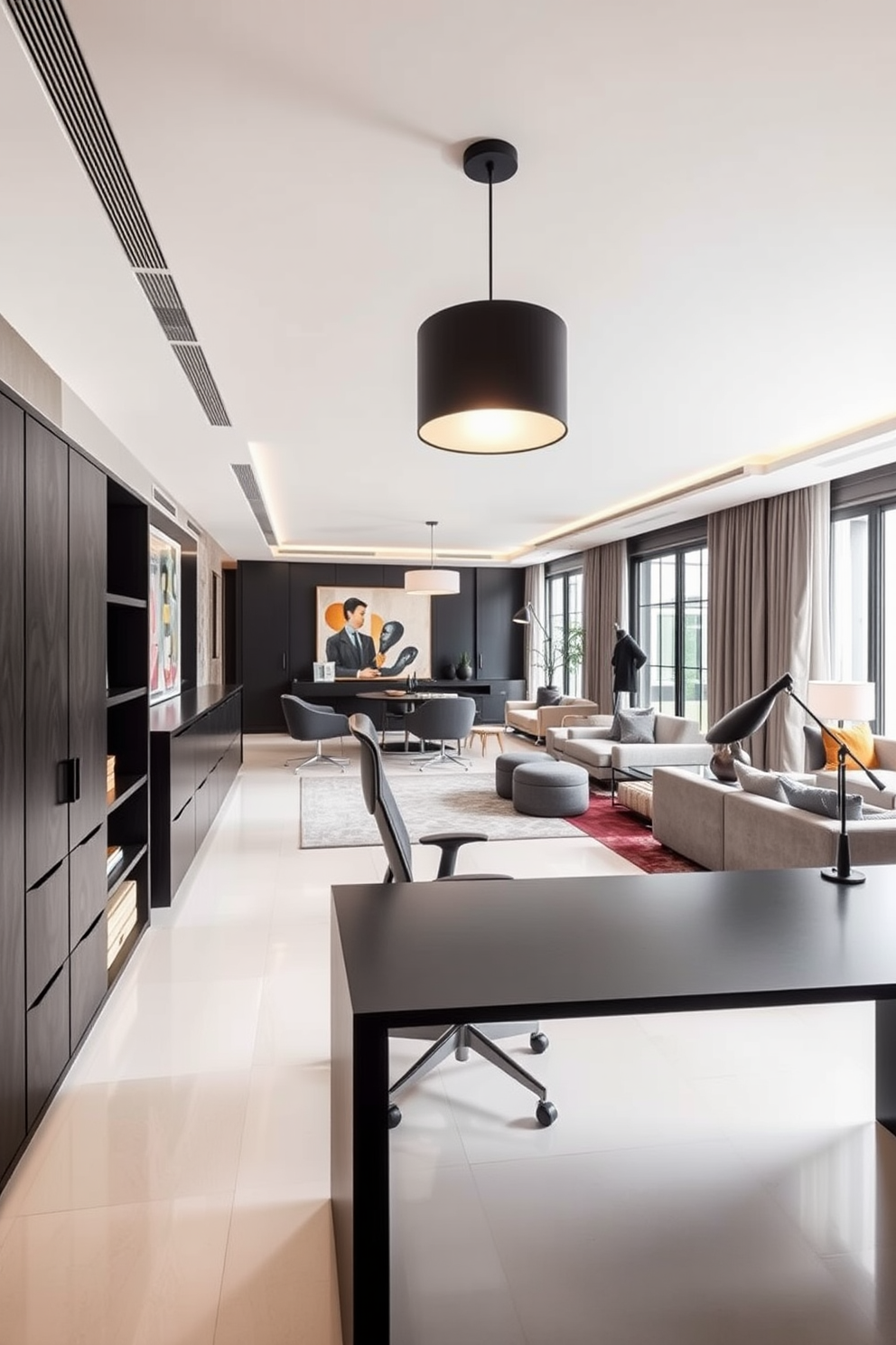 A functional home office with modern aesthetics. The space features a sleek black desk with a built-in bookshelf and ergonomic chair, illuminated by a contemporary pendant light. Modern luxury apartment design ideas. The living area showcases an open floor plan with floor-to-ceiling windows, elegant furnishings, and a neutral color palette accented by bold art pieces.