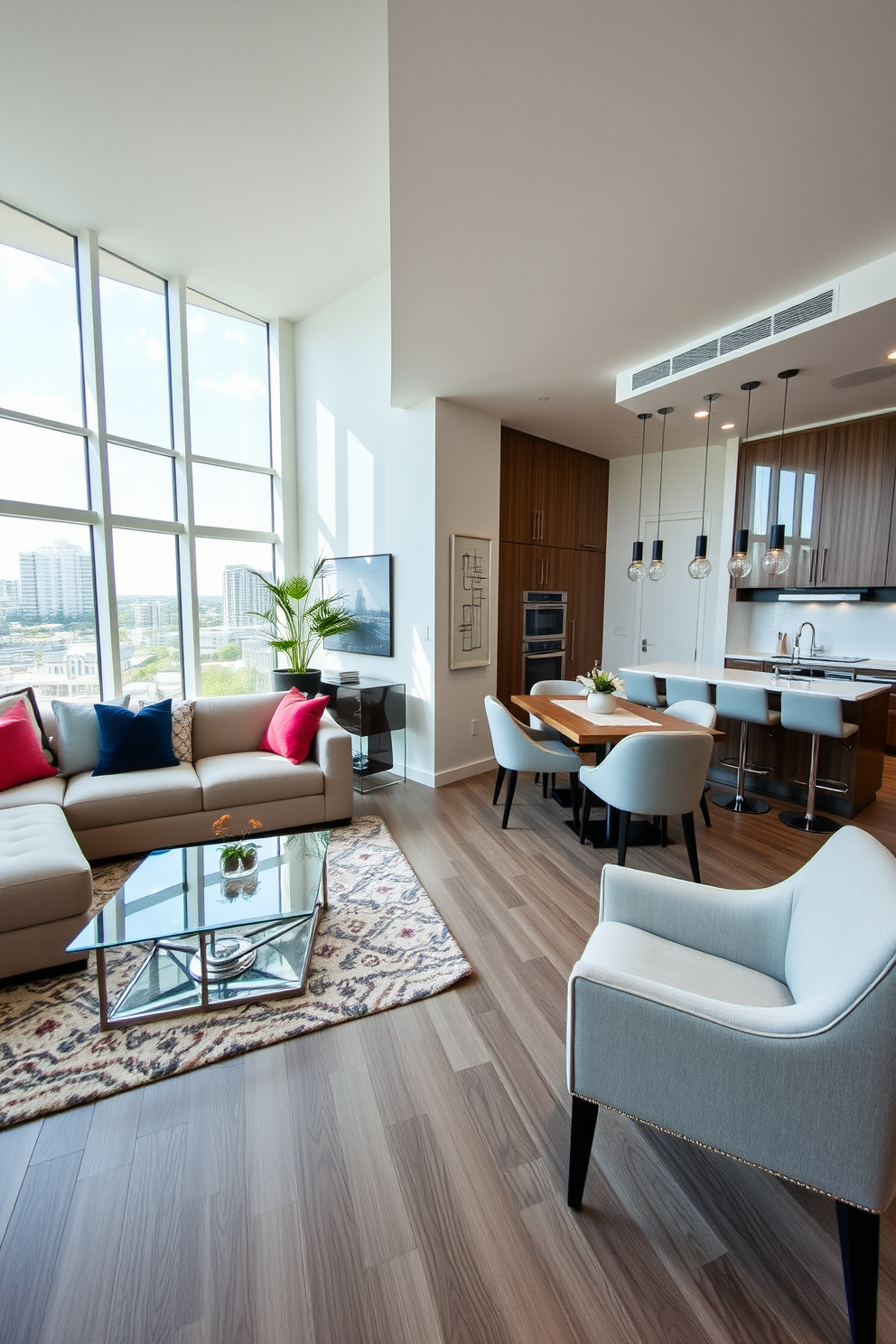 A modern luxury apartment featuring an open-concept living space with floor-to-ceiling windows that flood the room with natural light. The decor includes a plush sectional sofa in a neutral tone, accented by vibrant throw pillows and a sleek glass coffee table. In the dining area, a contemporary wooden table is surrounded by elegant upholstered chairs, creating an inviting atmosphere for entertaining. The kitchen showcases high-end appliances and a stylish island with bar stools, seamlessly blending functionality with aesthetic appeal.