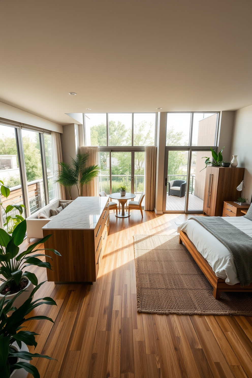 A modern luxury apartment featuring sustainable materials. The living room showcases bamboo flooring, complemented by reclaimed wood furniture and energy-efficient lighting. The open kitchen boasts quartz countertops crafted from recycled materials, paired with sleek stainless steel appliances. Large windows allow natural light to flood the space, highlighting the greenery from indoor plants. The bedroom incorporates organic cotton bedding and a stylish hemp rug, creating a serene atmosphere. A private balcony with wooden decking provides an outdoor retreat, seamlessly blending nature with modern living.