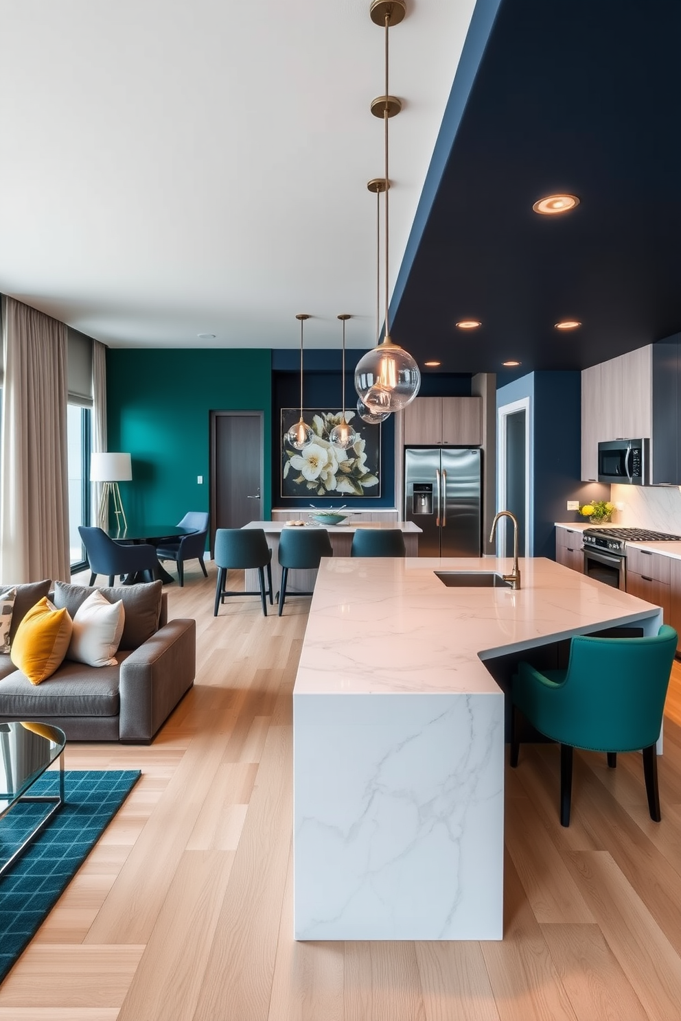 A modern luxury apartment features bold accent walls in deep navy blue and emerald green that create a striking contrast with the light wood flooring. The open-concept living area includes a plush sectional sofa adorned with gold and cream throw pillows, paired with a sleek glass coffee table. The kitchen showcases high-end stainless steel appliances and a large island with a waterfall countertop in white marble. Elegant pendant lights hang above the island, casting a warm glow over the space, while the dining area features a contemporary table with upholstered chairs in a complementary color.