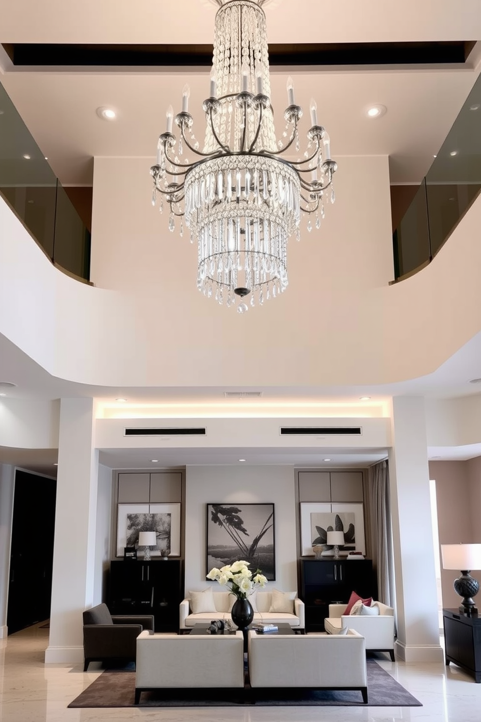 Elegant chandeliers for dramatic lighting. The space features a grand entrance with a high ceiling adorned with a stunning crystal chandelier that cascades light throughout the room. Modern luxury apartment design ideas. The living area boasts sleek furniture with clean lines, complemented by a neutral color palette and bold accent pieces that create a sophisticated yet inviting atmosphere.