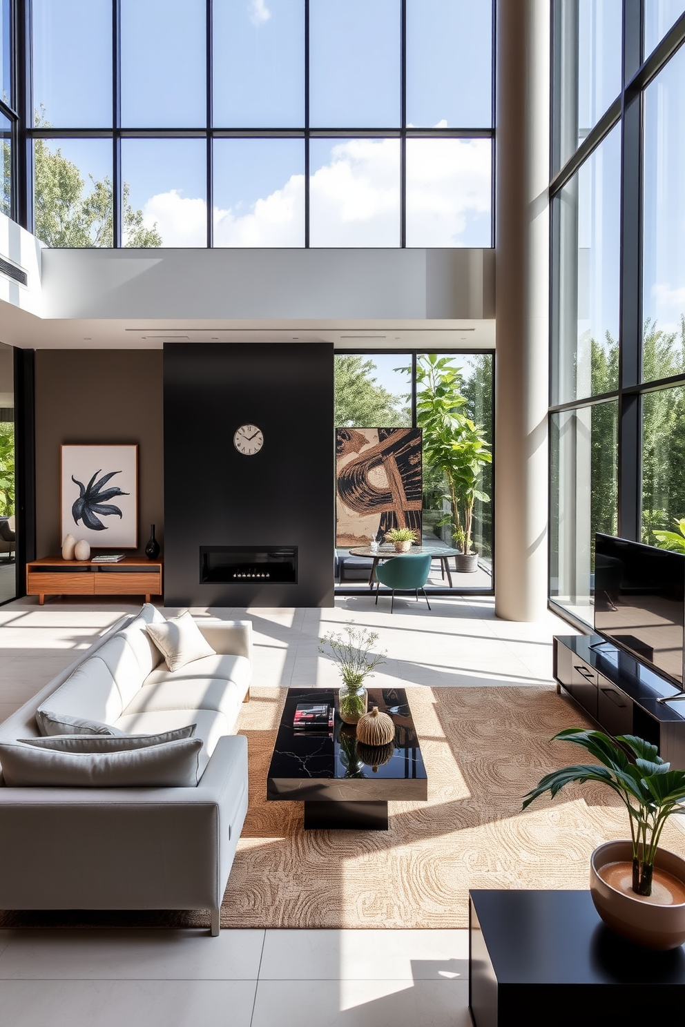 A modern luxury apartment featuring floor to ceiling windows that flood the space with natural light. The open concept living area showcases a sleek sofa, a statement coffee table, and elegant art pieces adorning the walls.