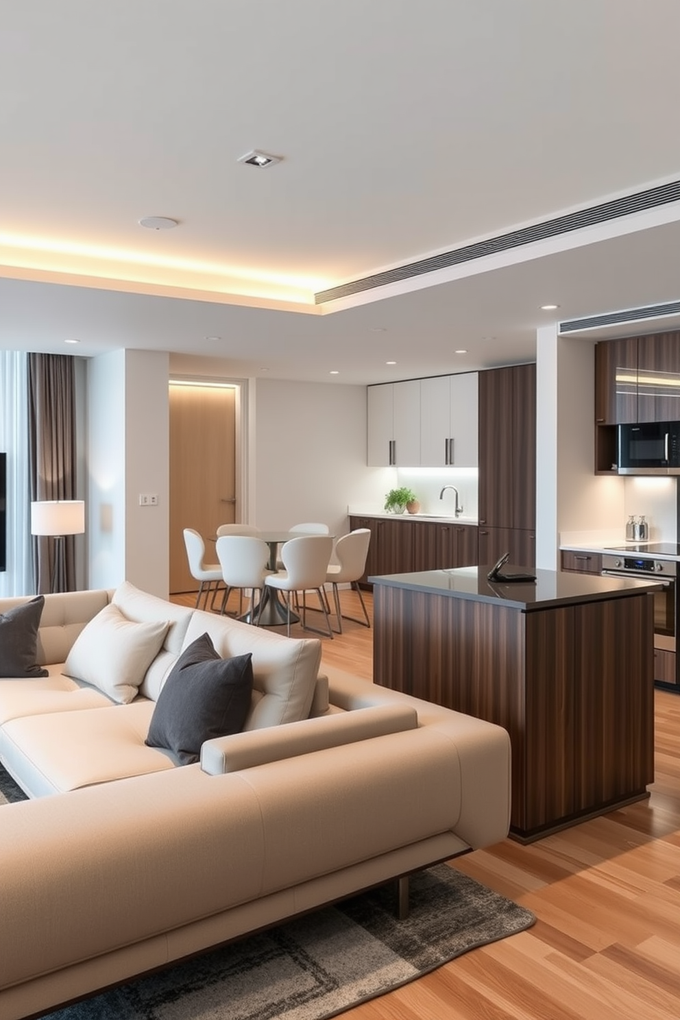 A modern luxury apartment featuring smart home technology seamlessly integrated throughout the space. The living room includes automated lighting and temperature control, with sleek furniture that complements the contemporary aesthetic. The kitchen boasts high-end appliances that can be controlled via smartphone, with an open layout that encourages social interaction. Elegant finishes and smart storage solutions enhance the functionality and style of the apartment.