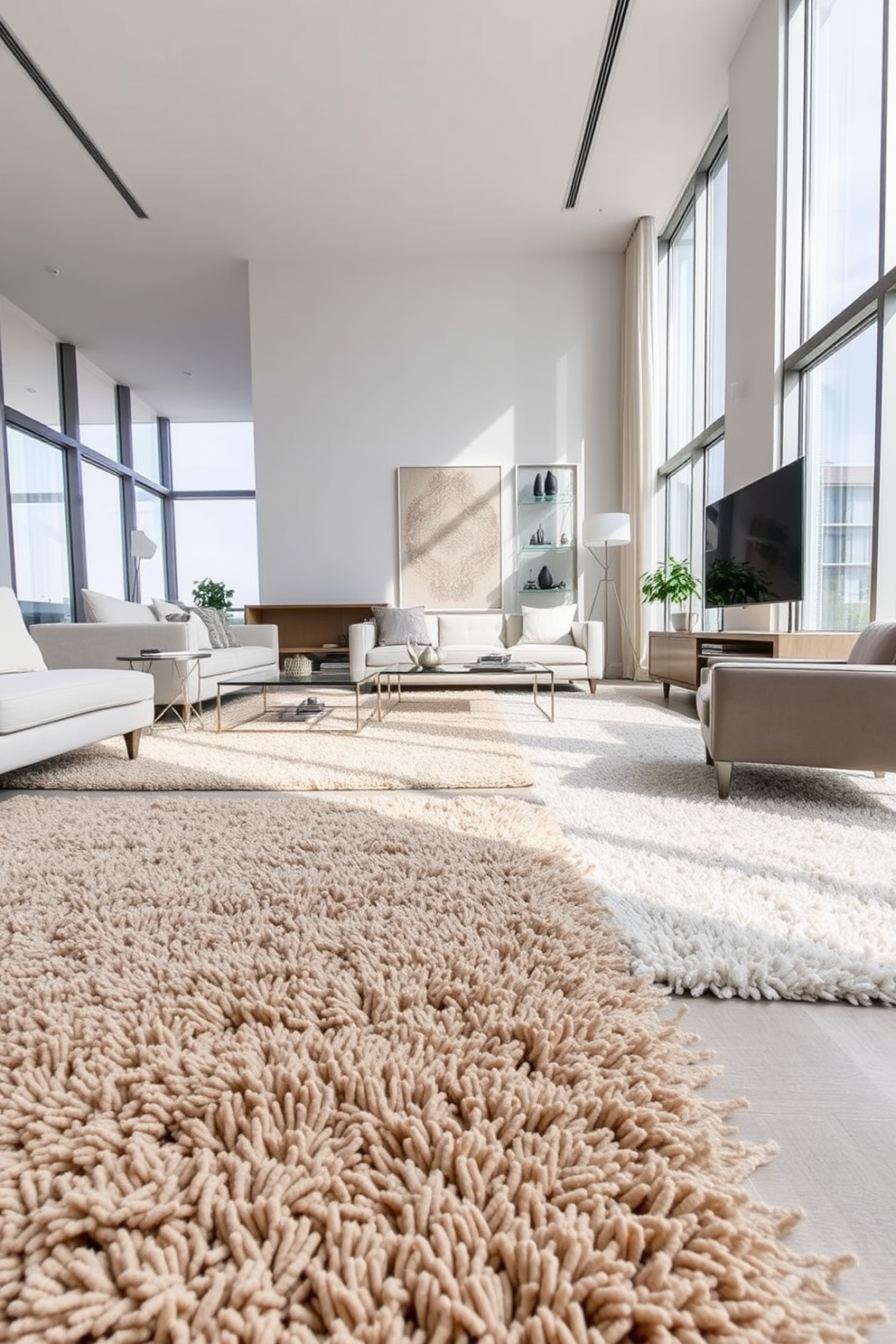 Textured rugs in varying shades of cream and taupe are spread across the living area, enhancing the cozy ambiance. The plush fibers invite relaxation, while the intricate patterns add visual interest to the modern luxury apartment. The open-concept layout features floor-to-ceiling windows that flood the space with natural light. Sleek furniture pieces in neutral tones complement the warmth of the rugs, creating a harmonious and inviting atmosphere.