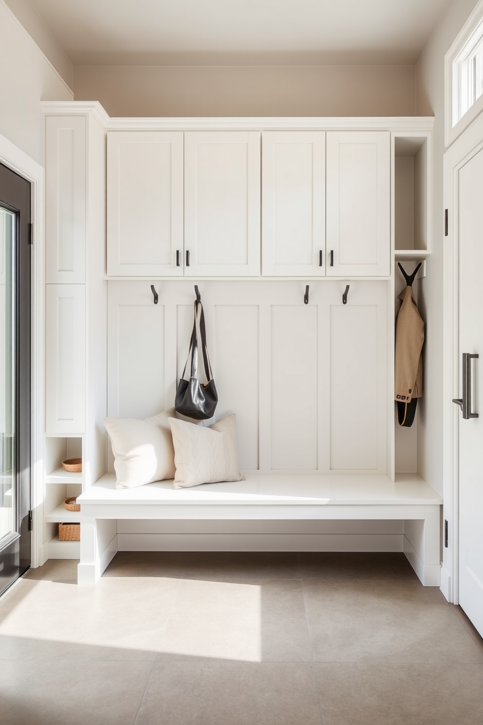 Open shelving lines the walls of a modern mudroom, providing easy access to everyday essentials like shoes and bags. The space features a sleek bench with cushions, and hooks are mounted above for coats and hats, creating a functional yet stylish entryway.