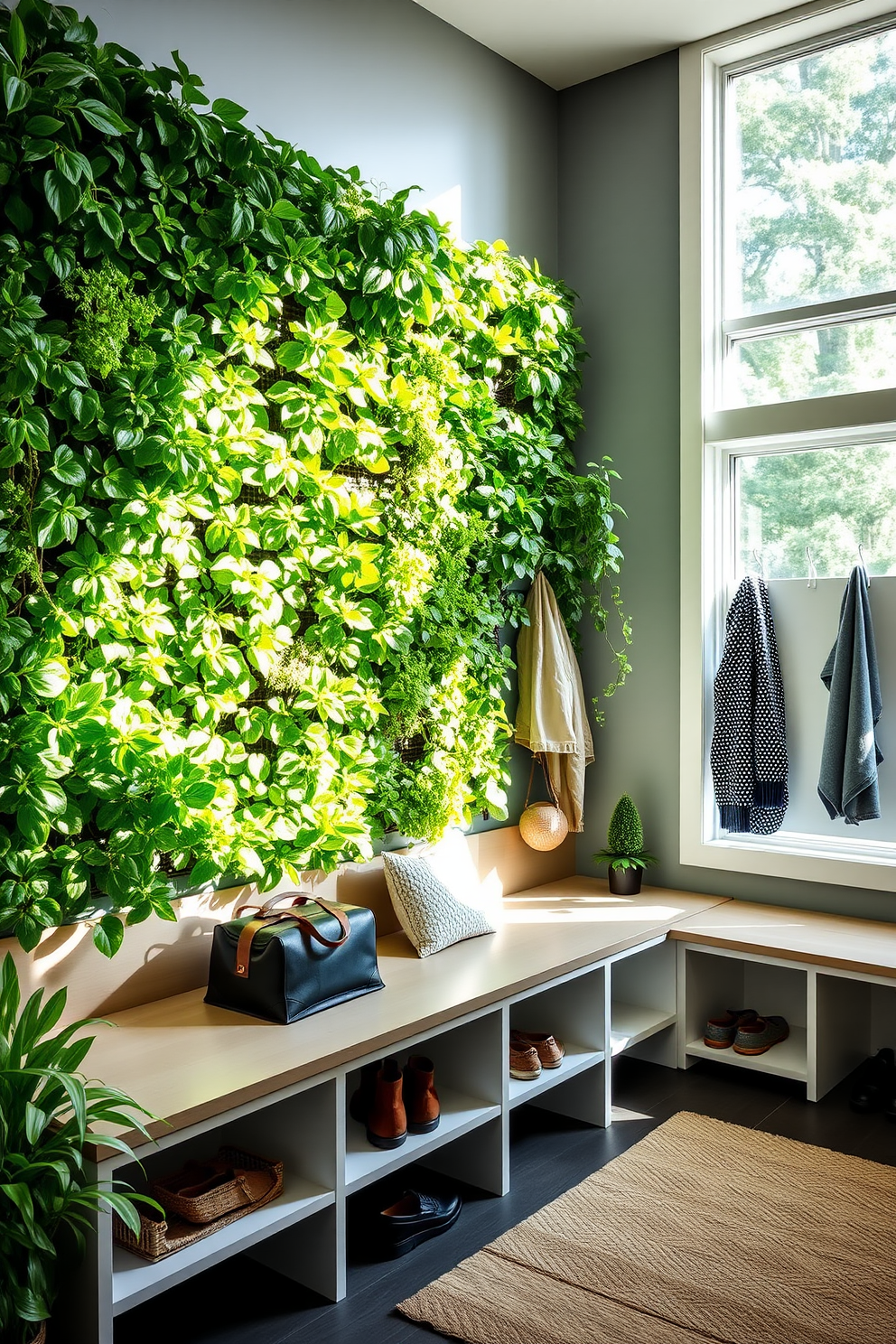 A modern mudroom features sliding barn doors that add rustic charm and functionality. The space is designed with built-in storage benches, hooks for coats, and a durable floor that withstands heavy foot traffic.