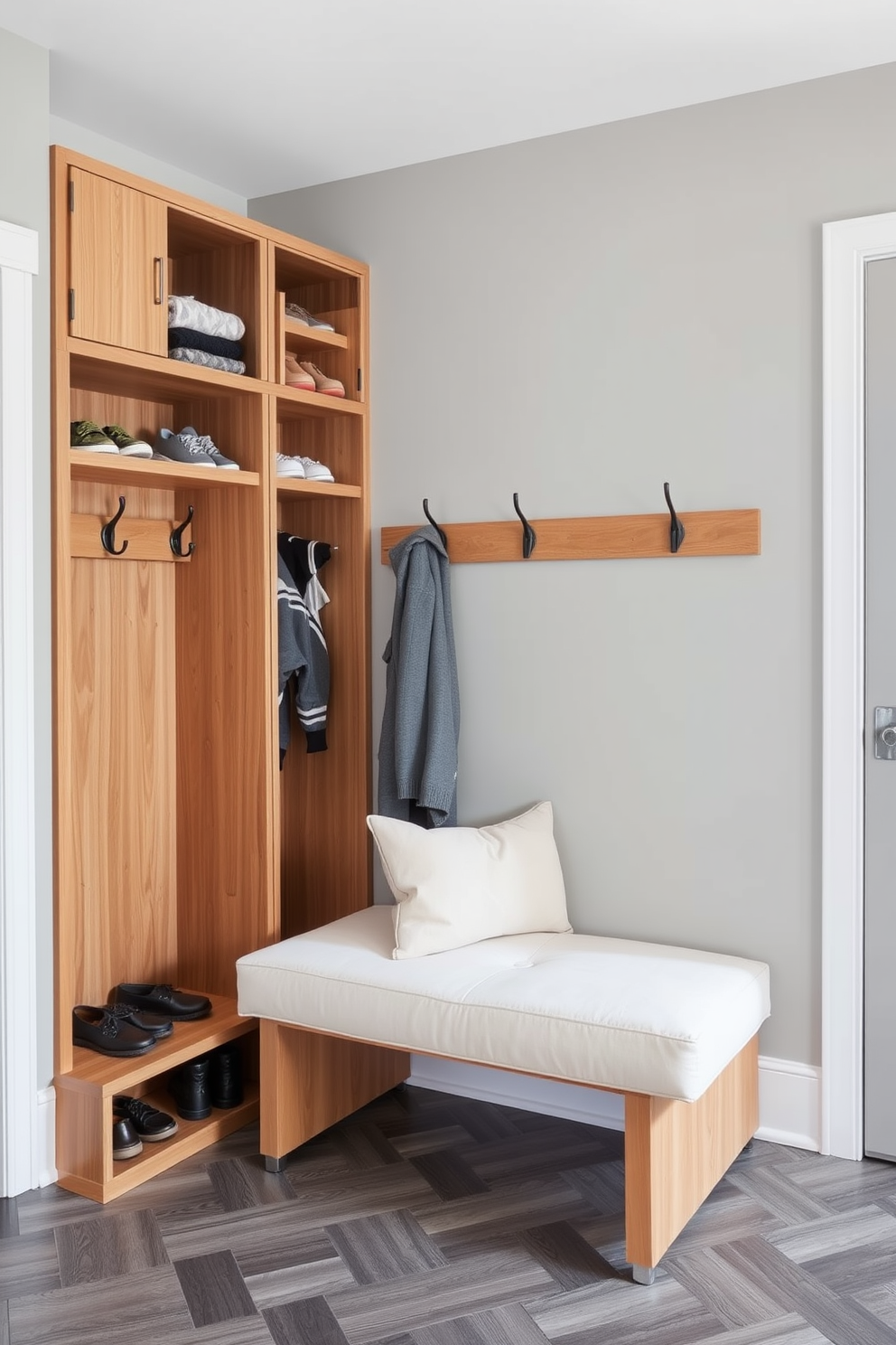 A modern mudroom featuring a vertical garden wall that brings a touch of nature indoors. The space includes built-in benches and hooks for coats, with natural light streaming in through large windows.